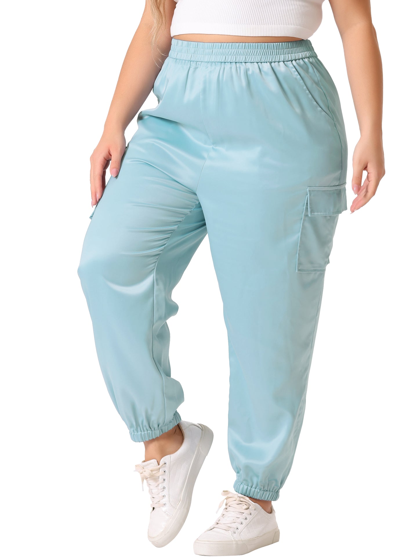 Women Plus Size Satin Joggers Elastic Waist Athleisure Ankle Length Cargo Pants with Pocket