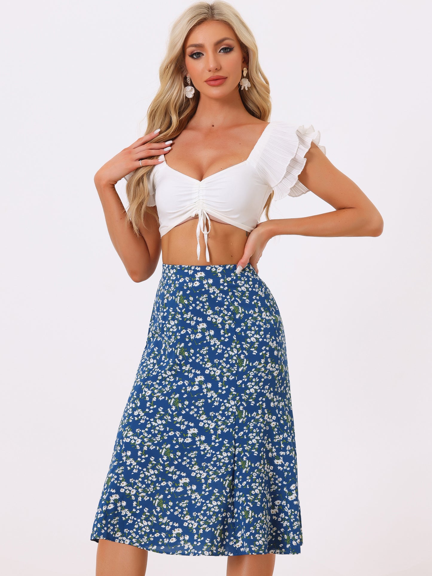 Falda midi floral para mujer, cintura elástica, corte A, estampado de florecitas
