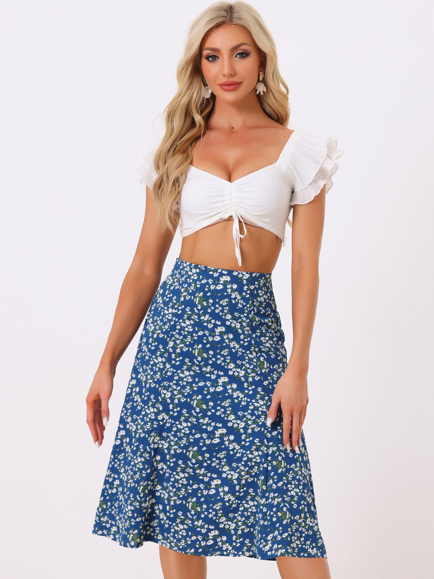 Falda midi floral para mujer, cintura elástica, corte A, estampado de florecitas