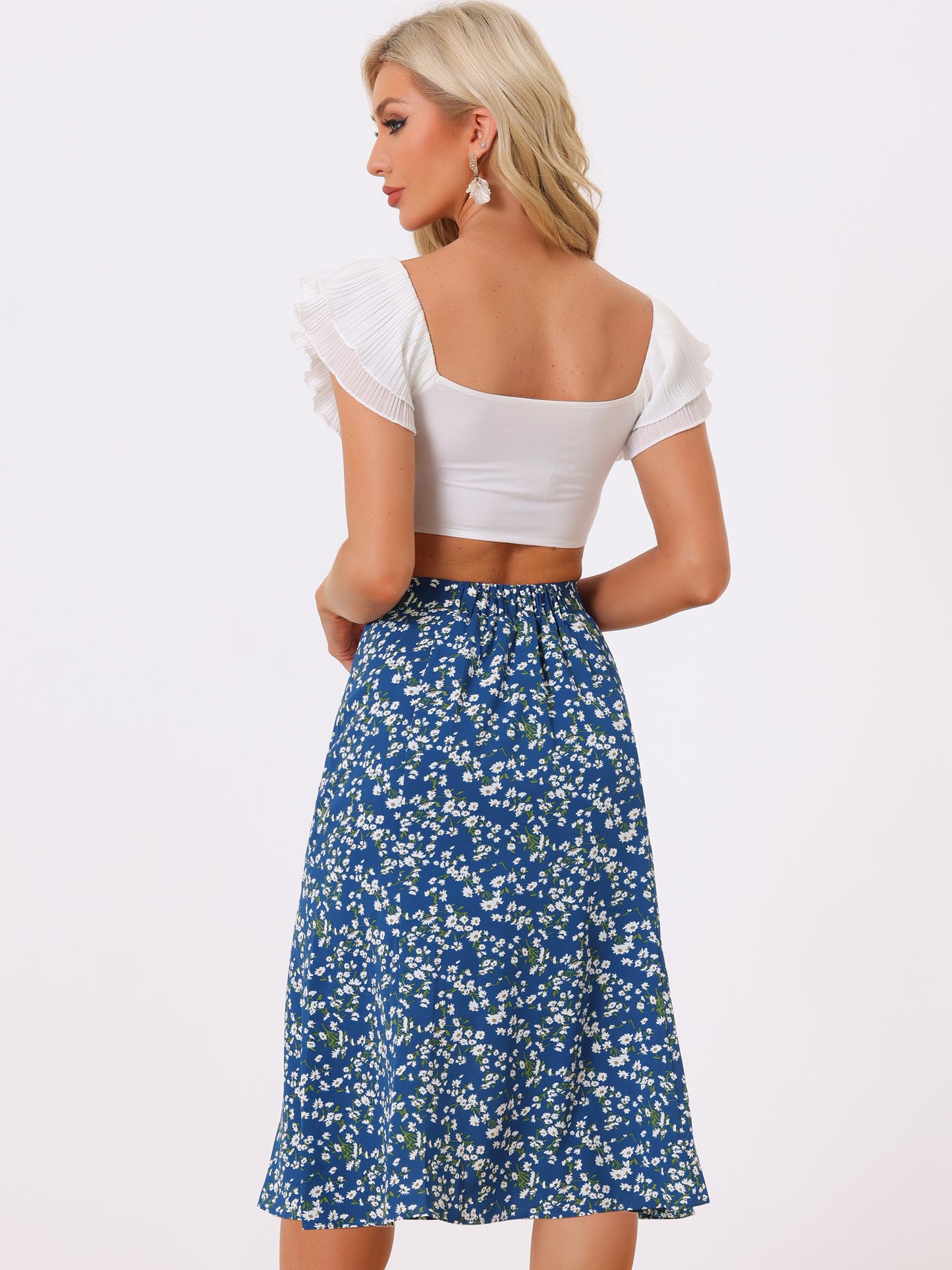 Falda midi floral para mujer, cintura elástica, corte A, estampado de florecitas