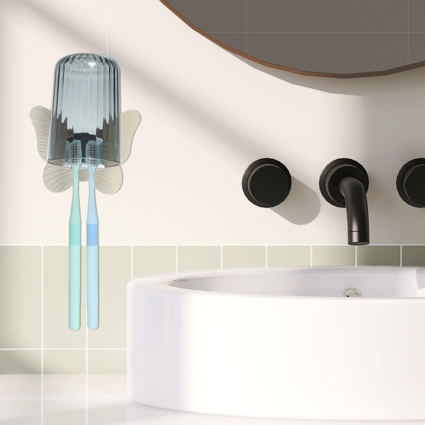 Juego de portacepillos de dientes de pared con forma de mariposa y vaso para baño, 11 x 8,5 cm, color beige