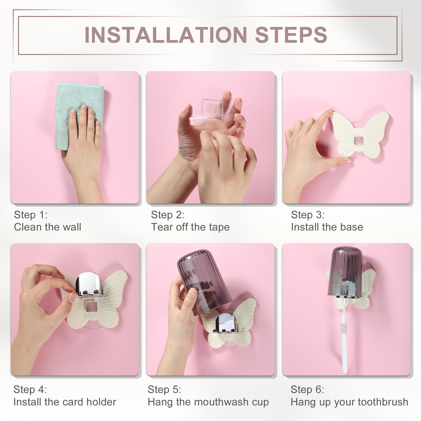 1 Set Butterfly Wall Mounted Toothbrush Holder with Cup for Bathroom, 4.33"x3.35" Beige