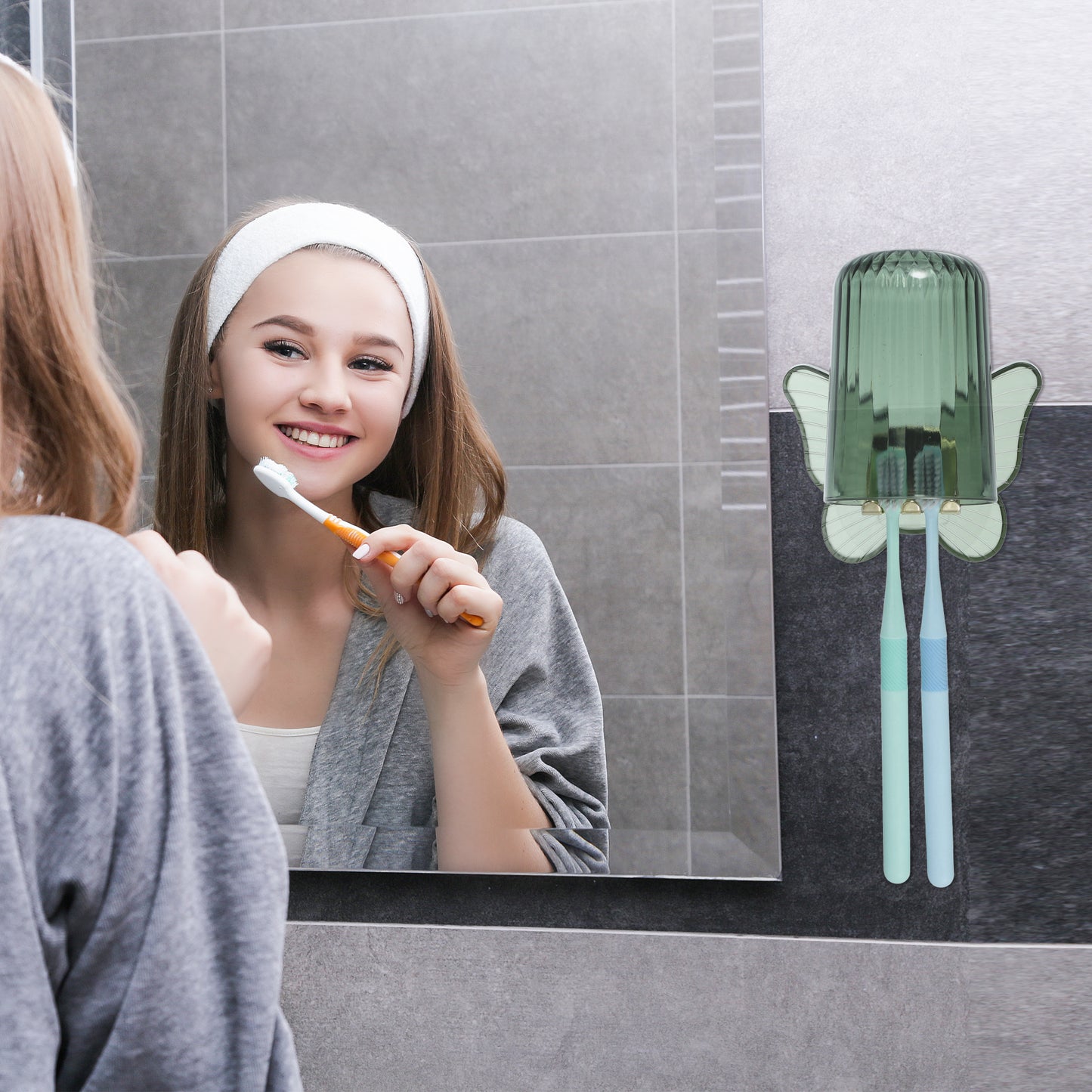 1 Set Butterfly Wall Mounted Toothbrush Holder with Cup for Bathroom, 4.33"x3.35" Green
