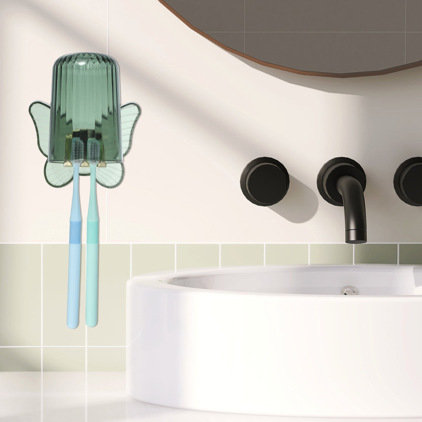 1 Set Butterfly Wall Mounted Toothbrush Holder with Cup for Bathroom, 4.33"x3.35" Green