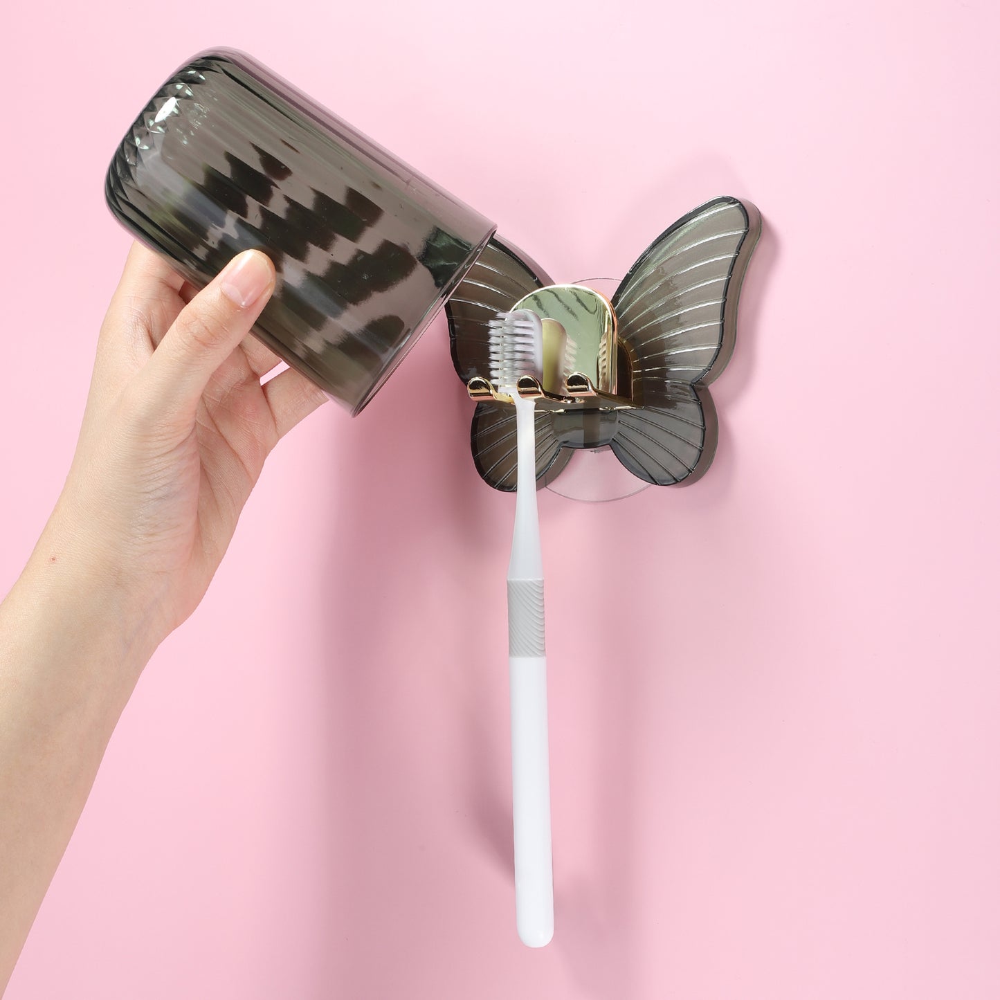 1 Set Butterfly Wall Mounted Toothbrush Holder with Cup for Bathroom, 4.33"x3.35" Green
