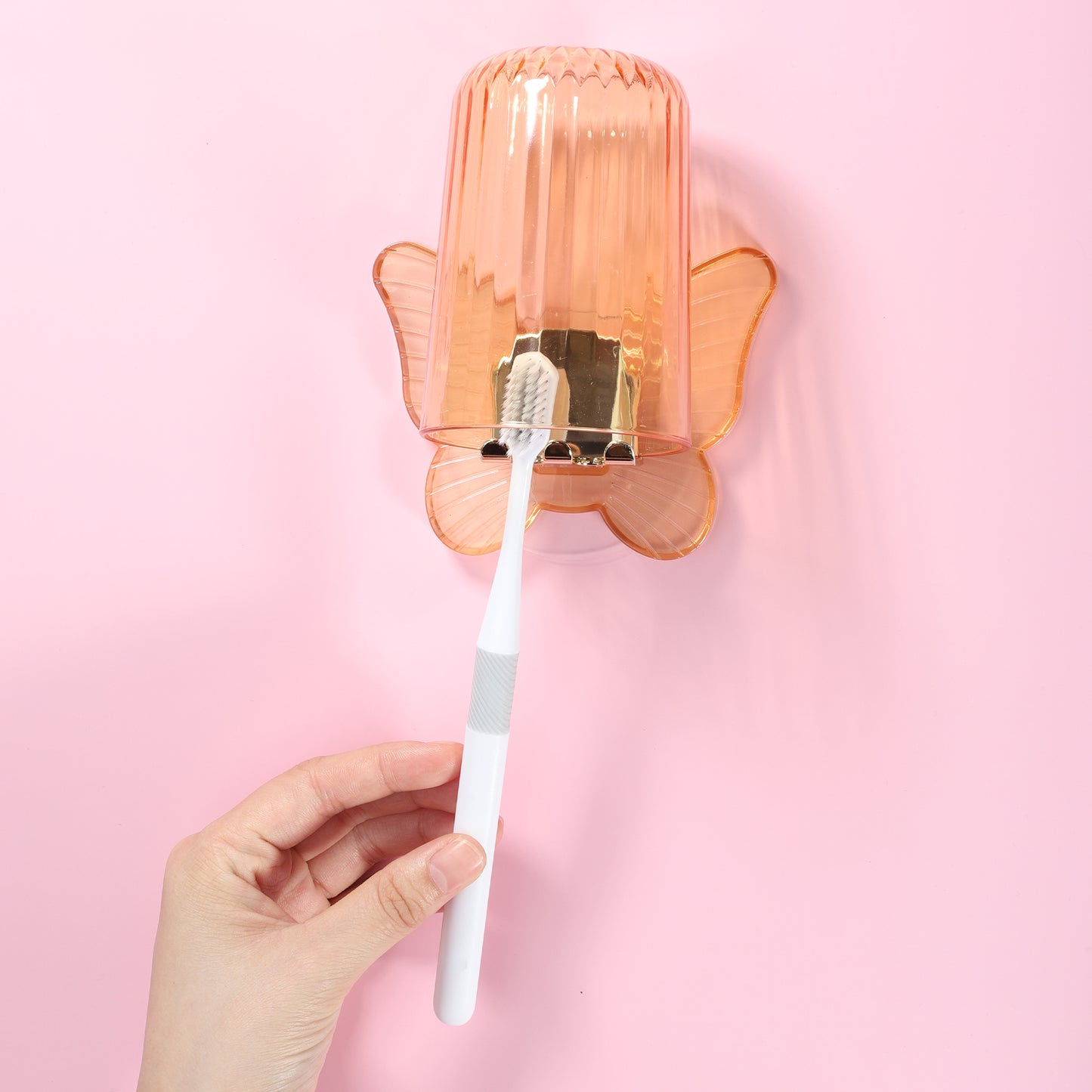 Juego de portacepillos de dientes de pared con forma de mariposa y vaso para baño, 11 x 8,5 cm, color naranja