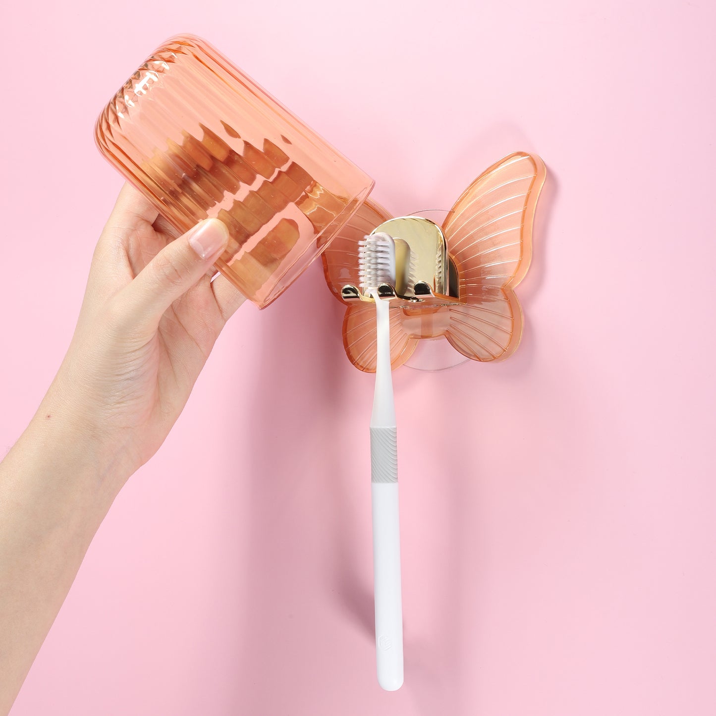 Juego de portacepillos de dientes de pared con forma de mariposa y vaso para baño, 11 x 8,5 cm, color naranja
