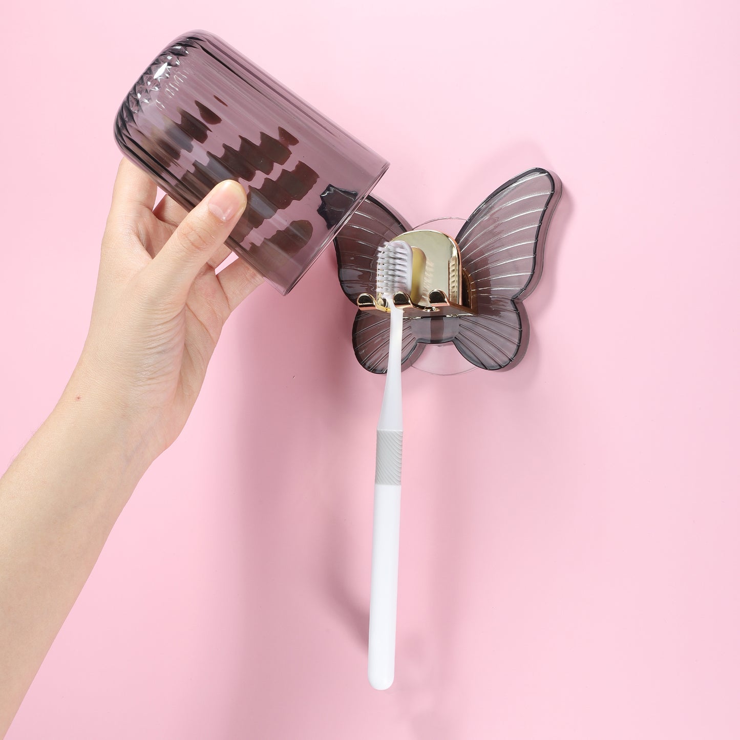 1 Set Butterfly Wall Mounted Toothbrush Holder with Cup for Bathroom, 4.33"x3.35" Gray