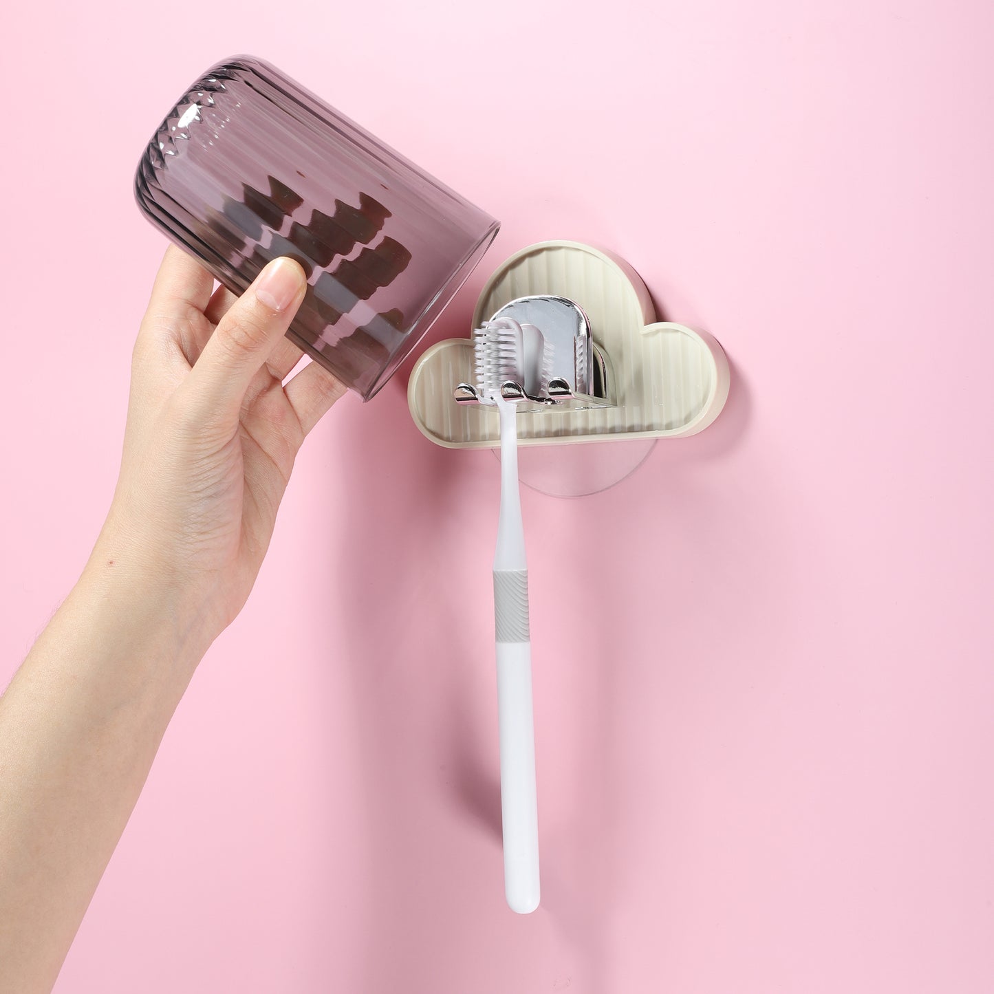 1 Set Cloud Shaped Wall Mounted Toothbrush Holder with Cup, 4.33"x2.56" Beige