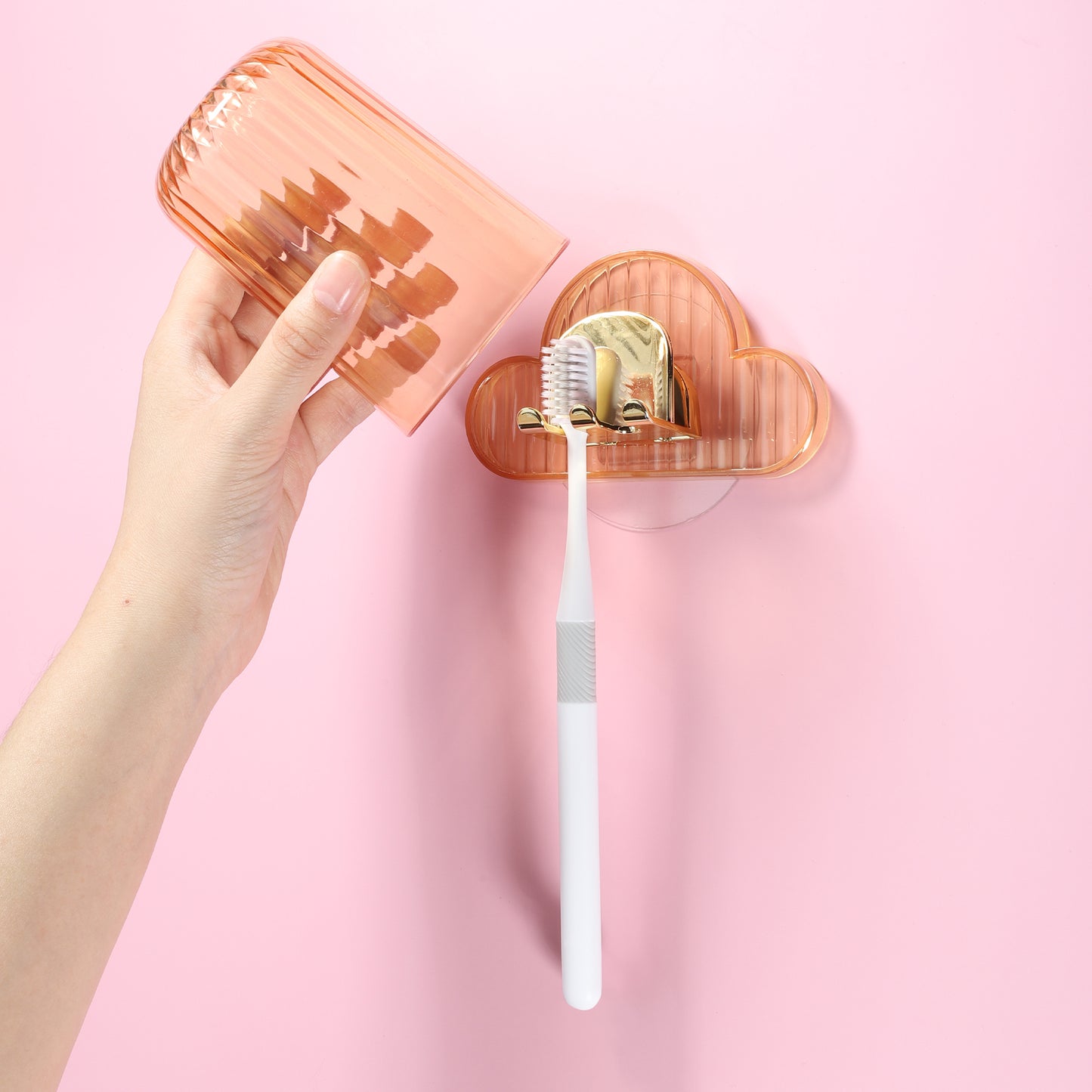 1 Set Cloud Shaped Wall Mounted Toothbrush Holder with Cup, 4.33"x2.56" Orange