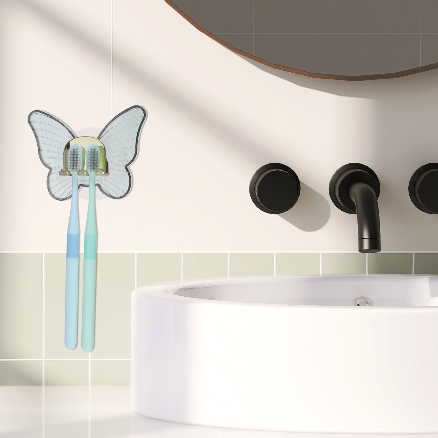 Butterfly Shaped Wall Mounted Toothbrush Holder for Bathrooms, 4.33"x3.35" Gray