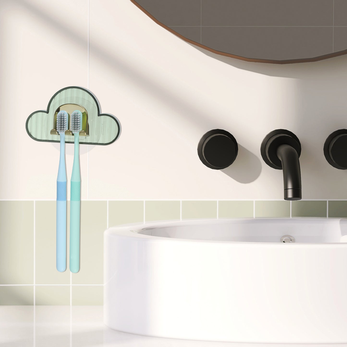 Cloud Shaped Wall Mounted Toothbrush Holder for Bathroom, 4.33"x2.56" Green