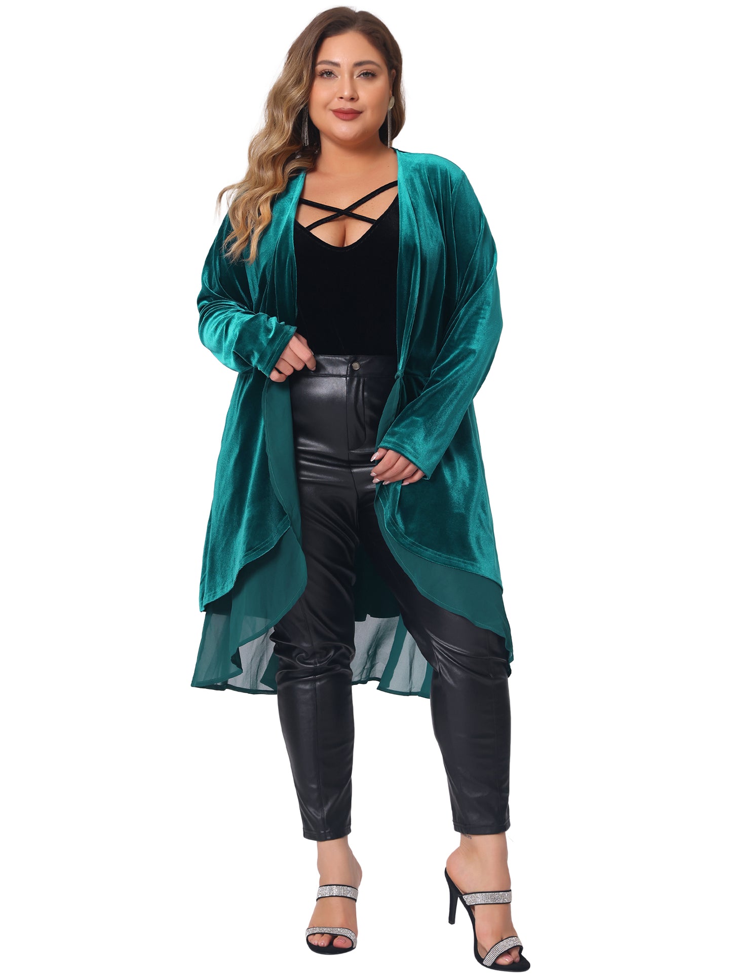 Women Plus Size Cardigan Ruffled Asymmetric Open Front Long Velvet Jacket