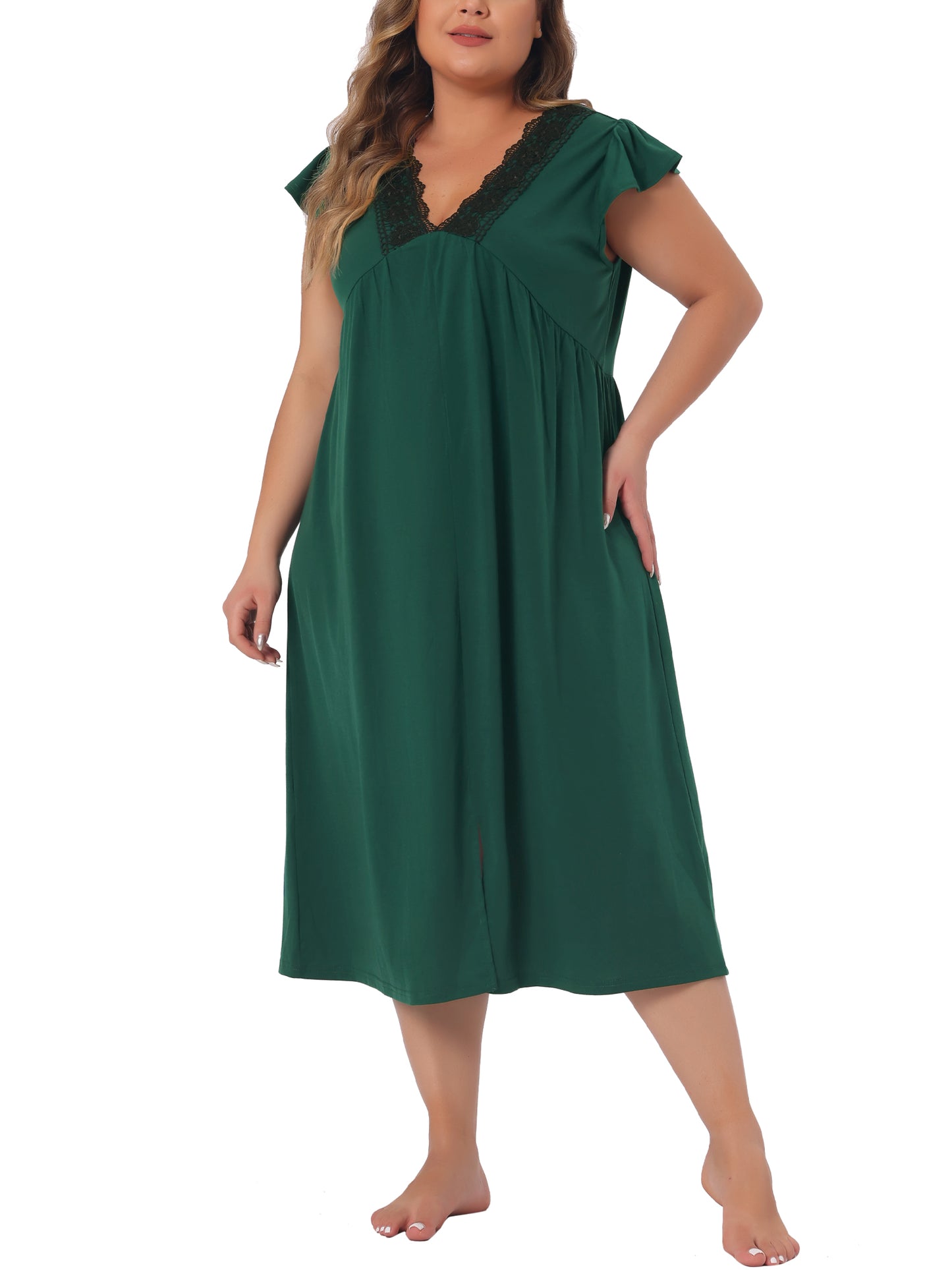 Women's Plus Size Nightgown Sleepwear Lace V Neck Front Slits Nightie Short Sleeves Nightshirt