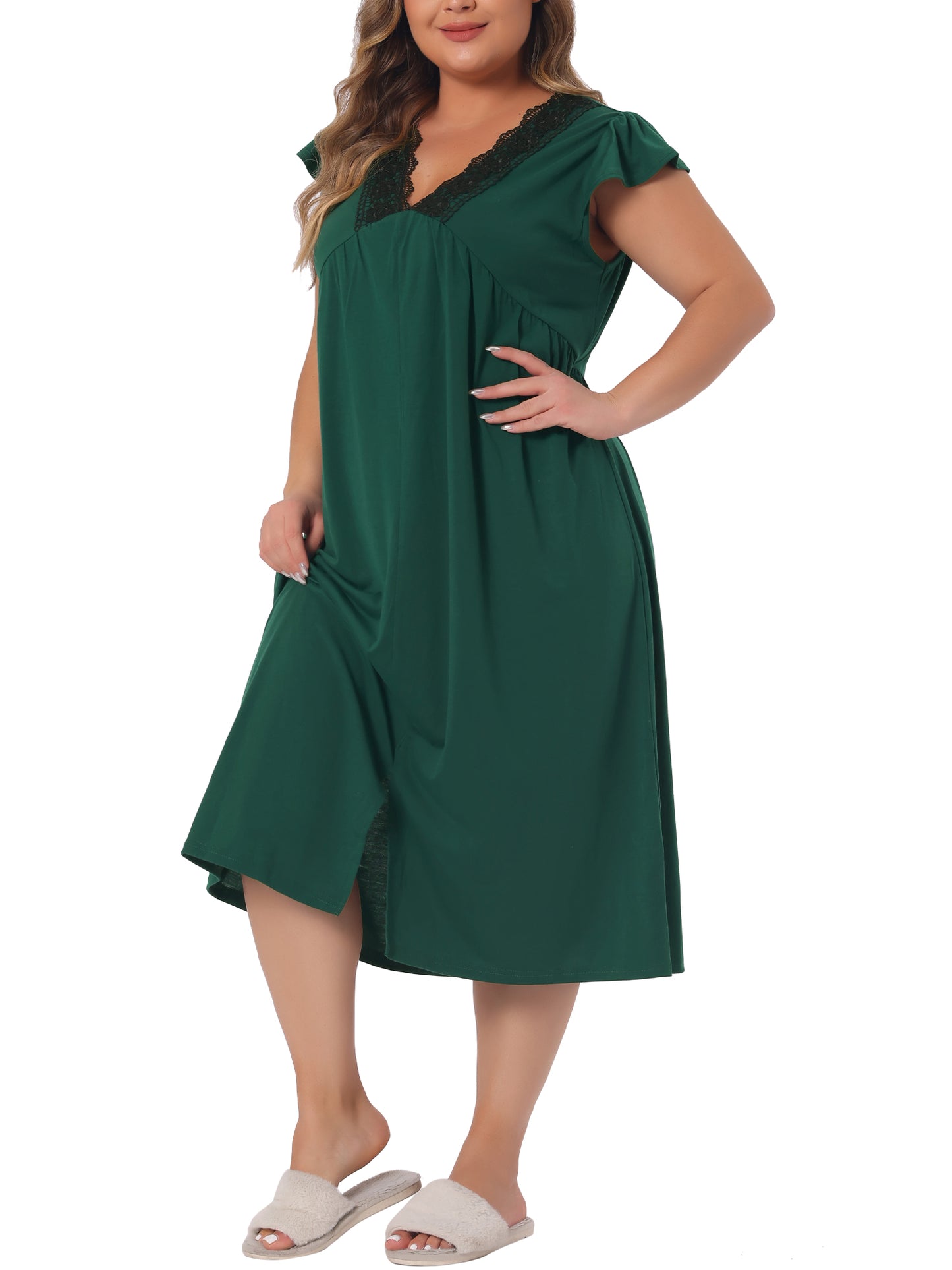 Women's Plus Size Nightgown Sleepwear Lace V Neck Front Slits Nightie Short Sleeves Nightshirt