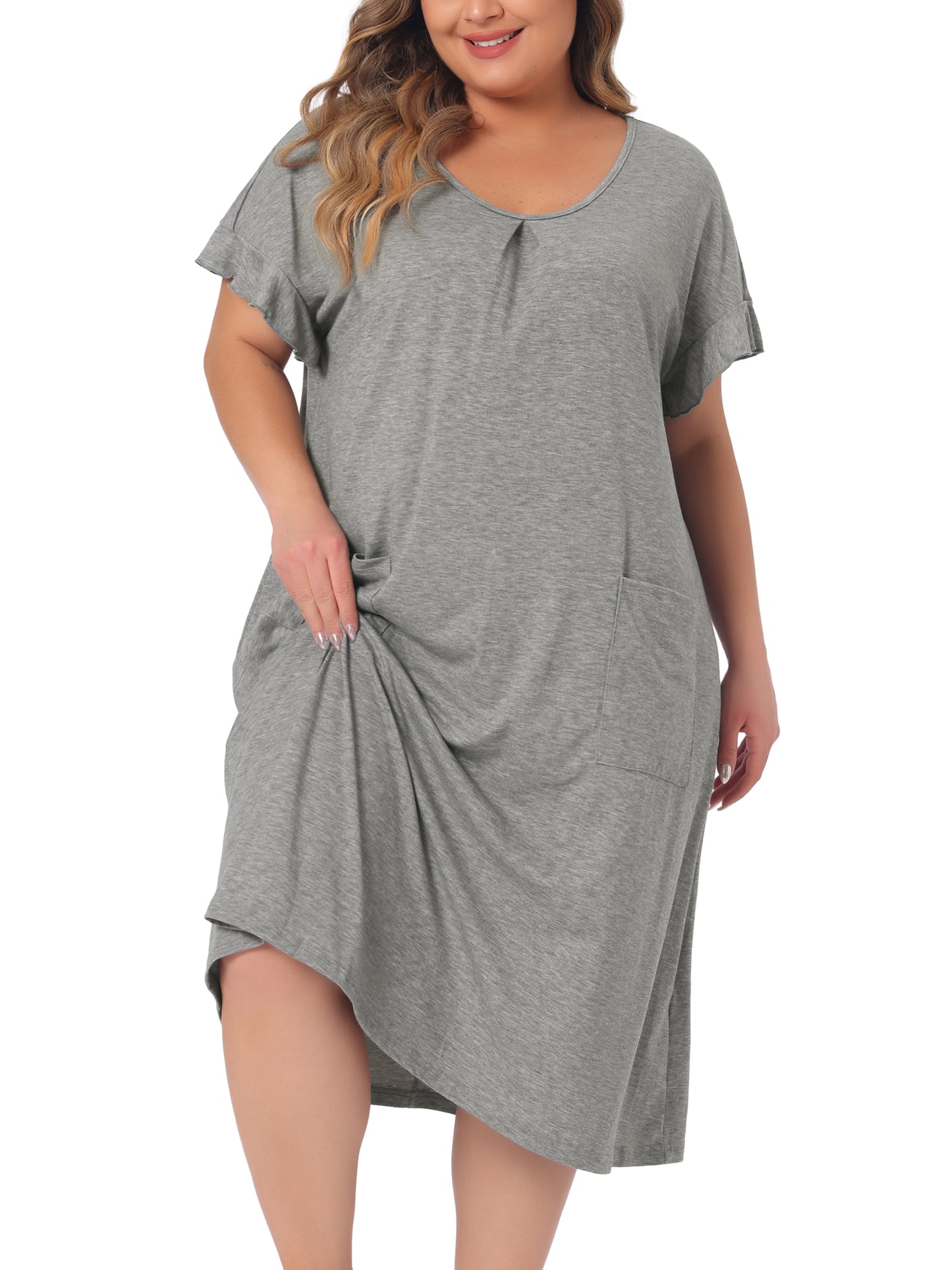Women Plus Size Nightgowns Pajama Short Sleeve Round Neck Dress with Pockets
