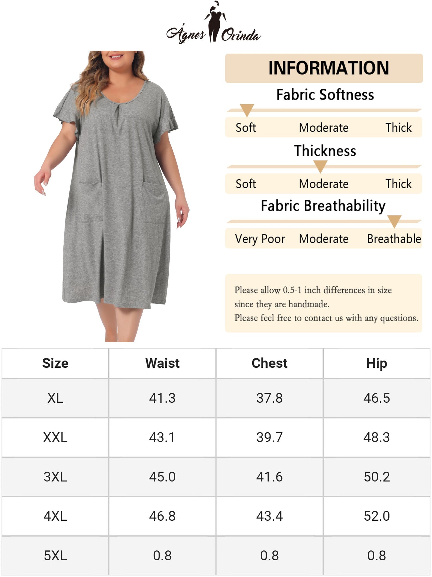 Women Plus Size Nightgowns Pajama Short Sleeve Round Neck Dress with Pockets