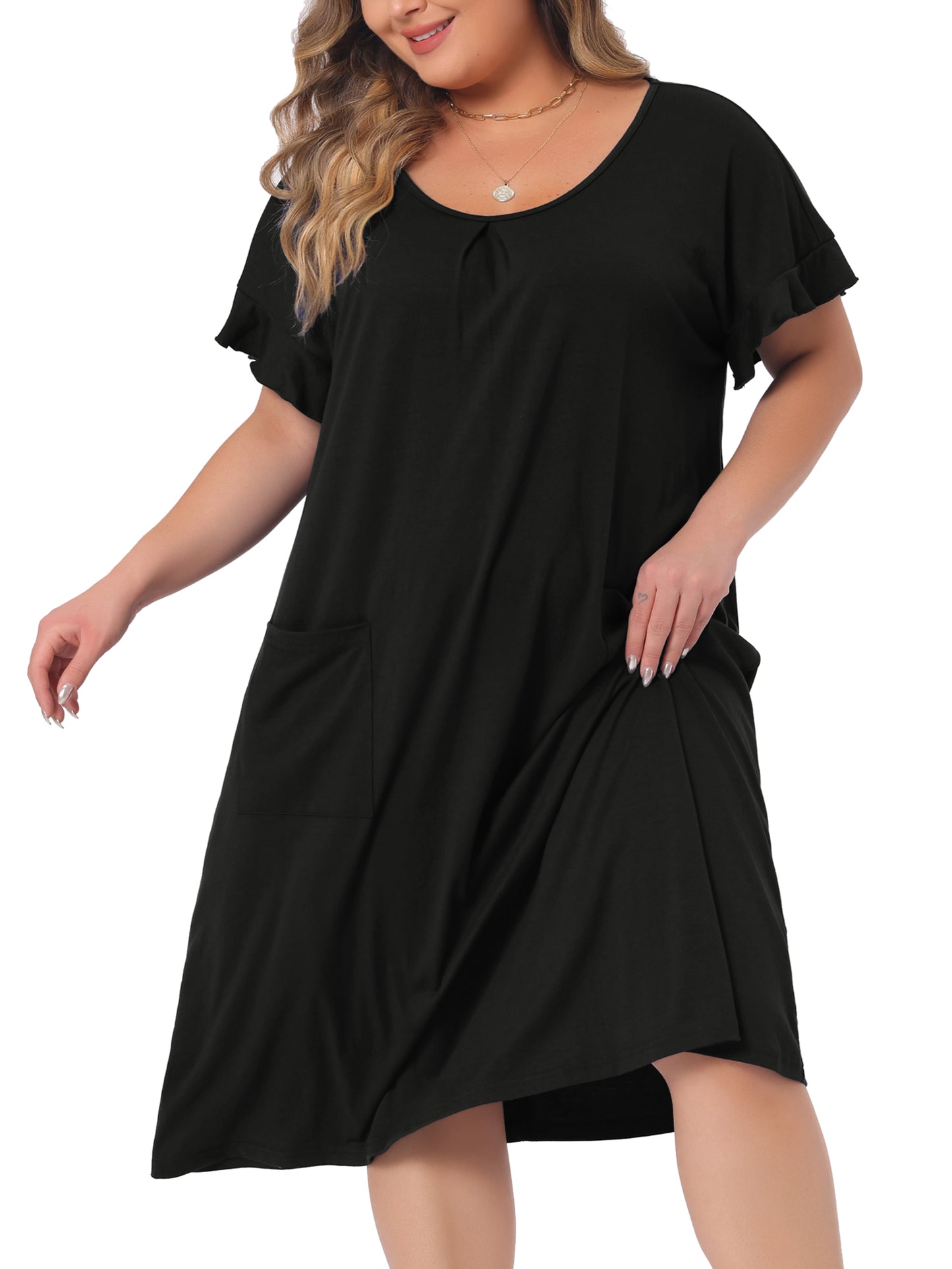 Women Plus Size Nightgowns Pajama Short Sleeve Round Neck Dress with Pockets