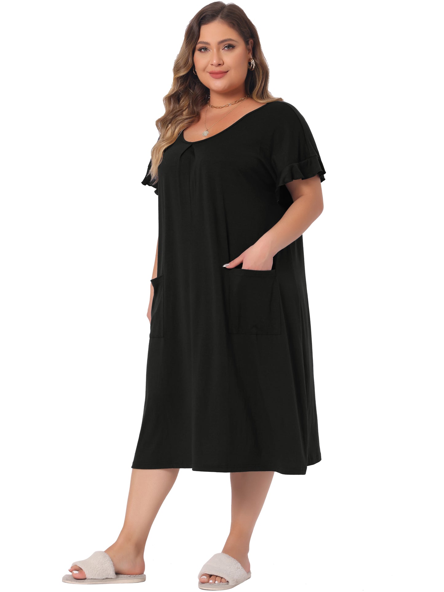 Women Plus Size Nightgowns Pajama Short Sleeve Round Neck Dress with Pockets
