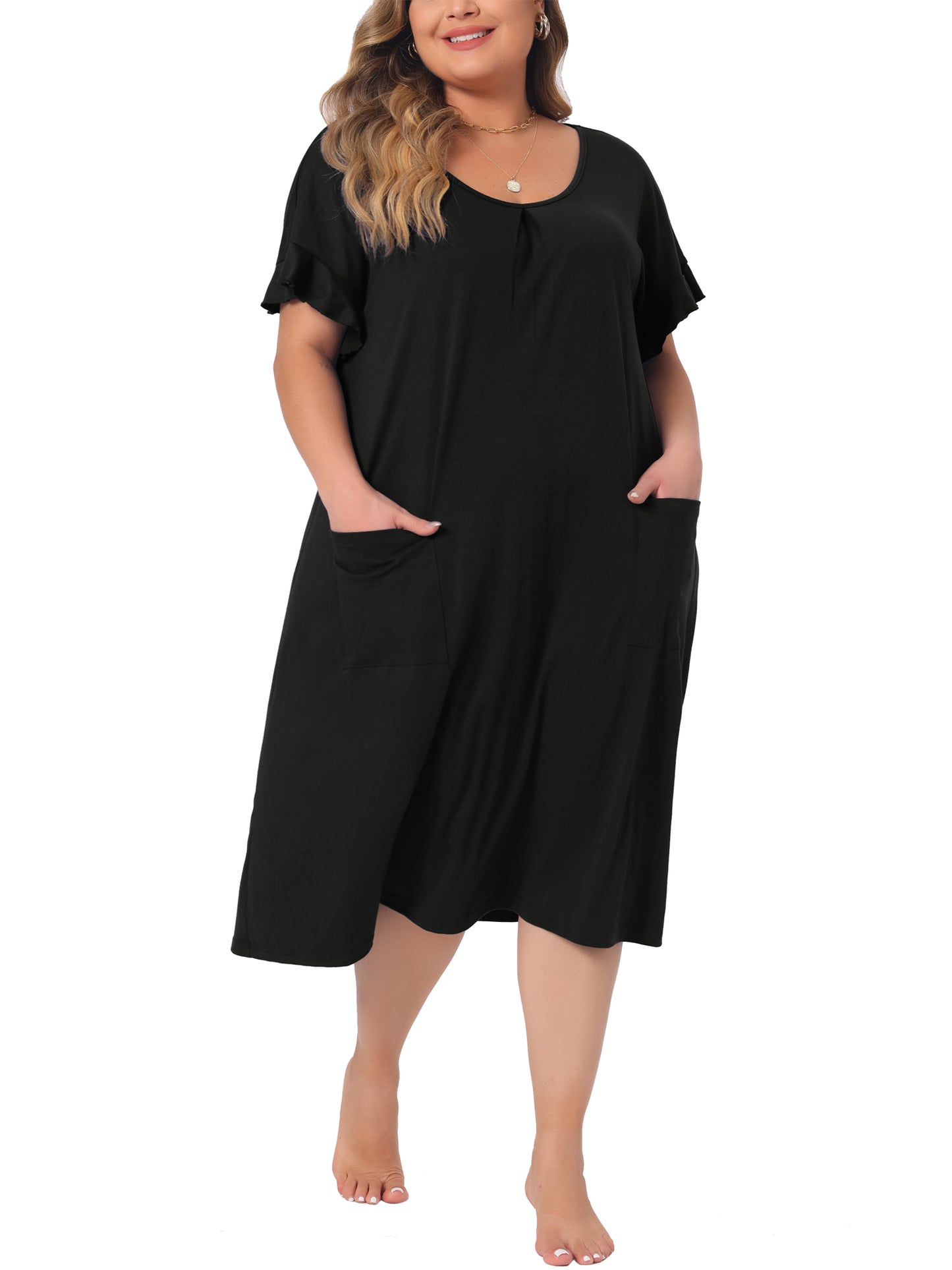 Women Plus Size Nightgowns Pajama Short Sleeve Round Neck Dress with Pockets