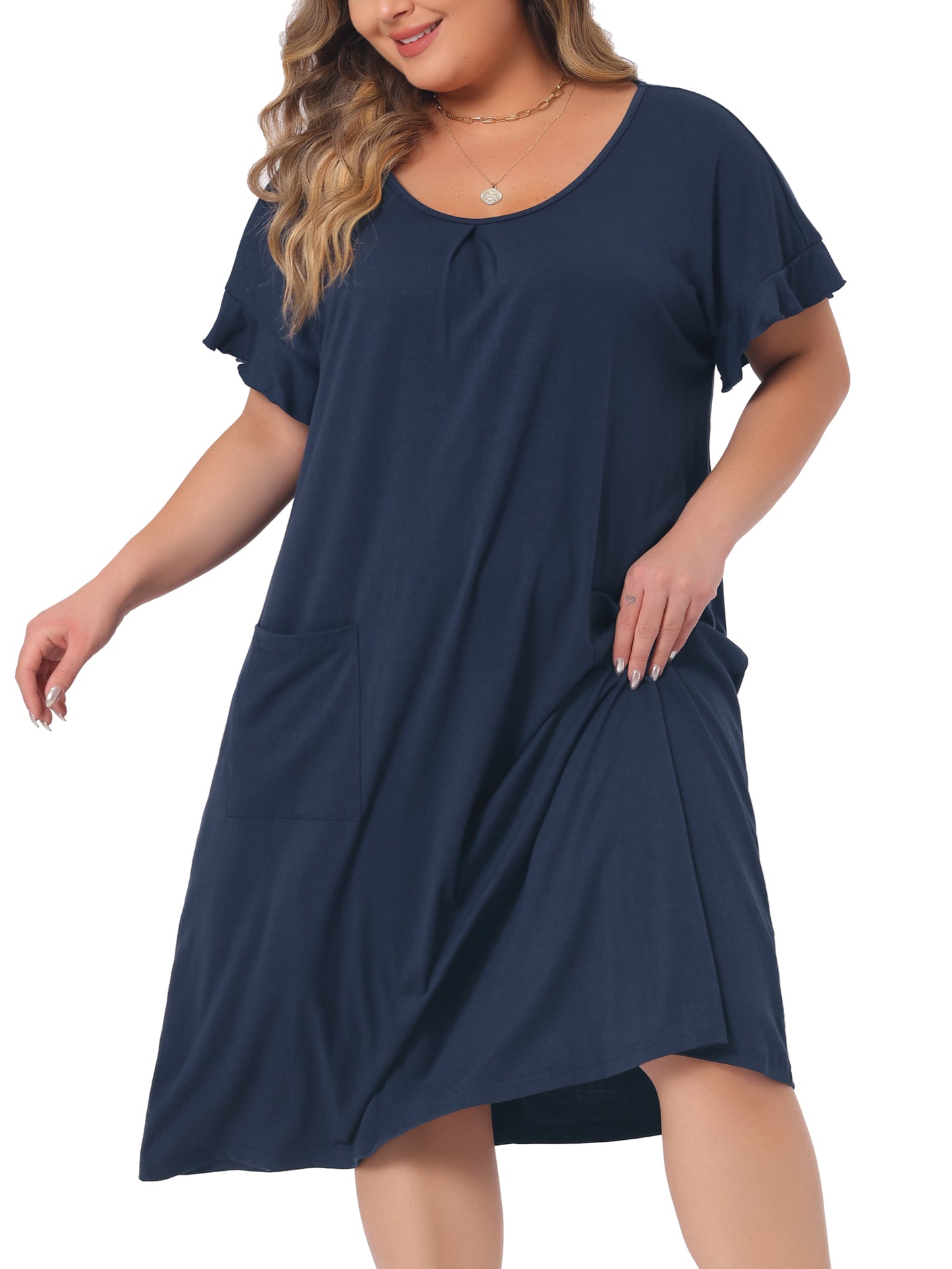 Women Plus Size Nightgowns Pajama Short Sleeve Round Neck Dress with Pockets