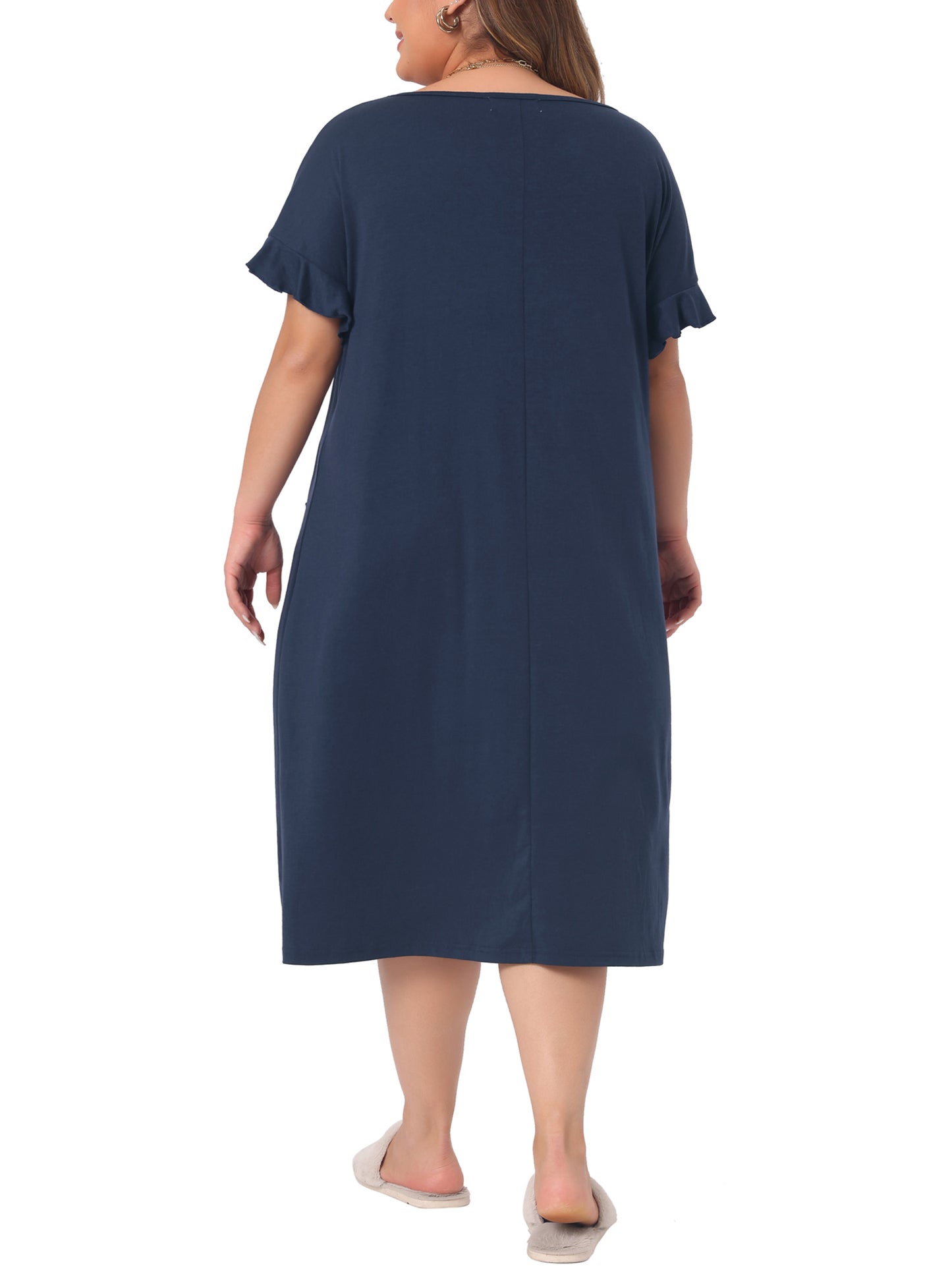 Women Plus Size Nightgowns Pajama Short Sleeve Round Neck Dress with Pockets