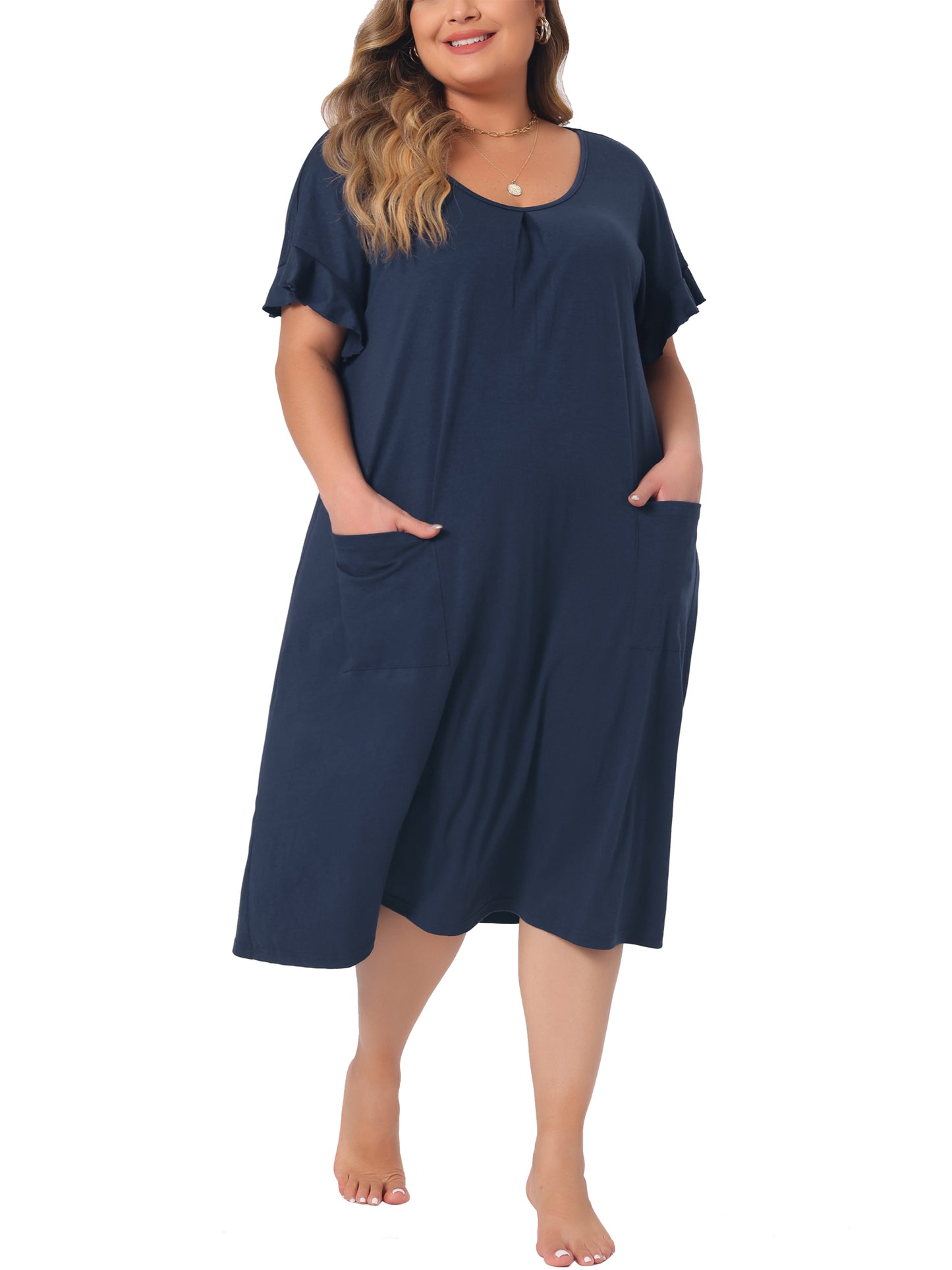 Women Plus Size Nightgowns Pajama Short Sleeve Round Neck Dress with Pockets