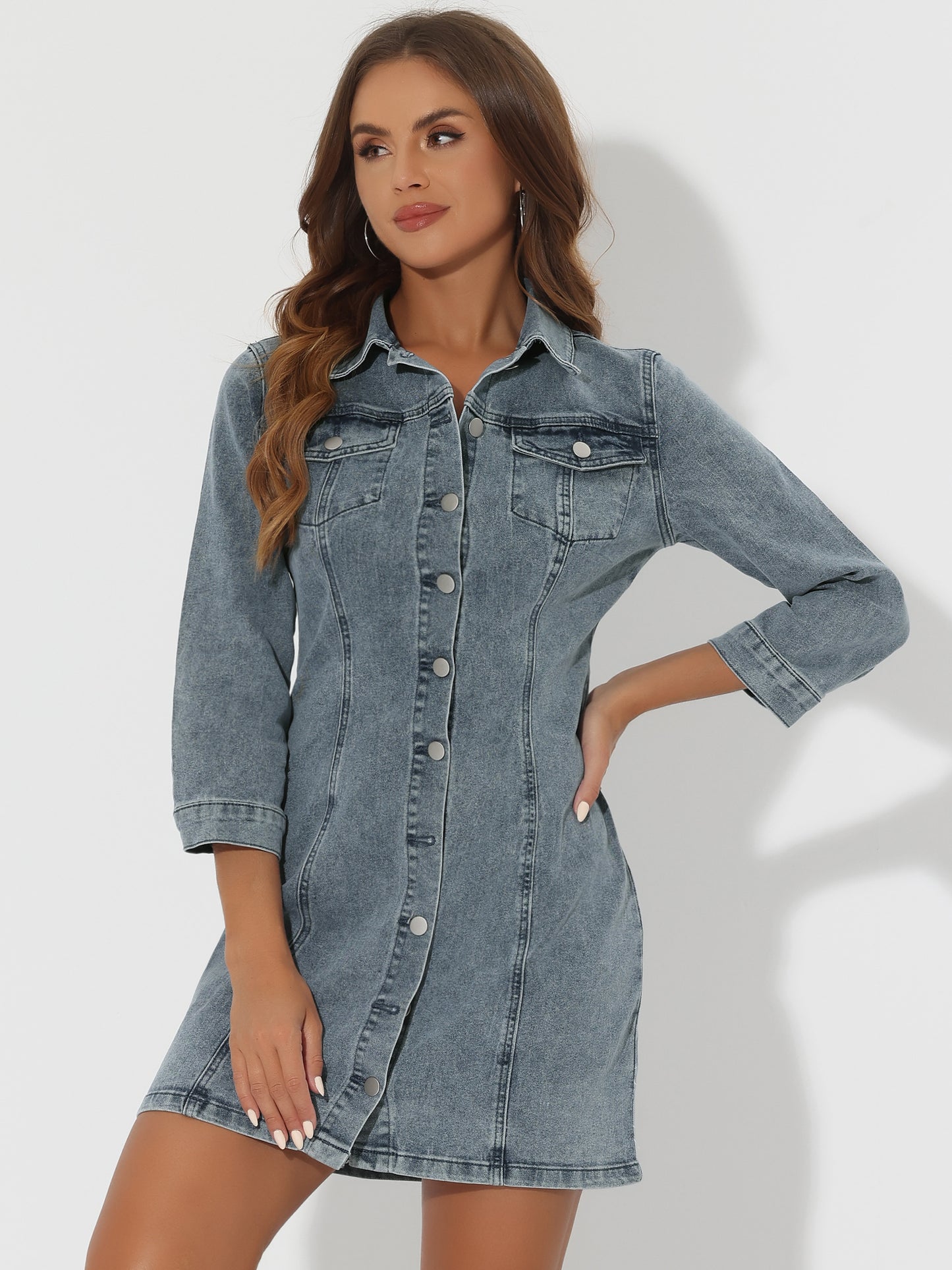 Women's 3/4 Sleeve Button Down Denim Shirt Dress