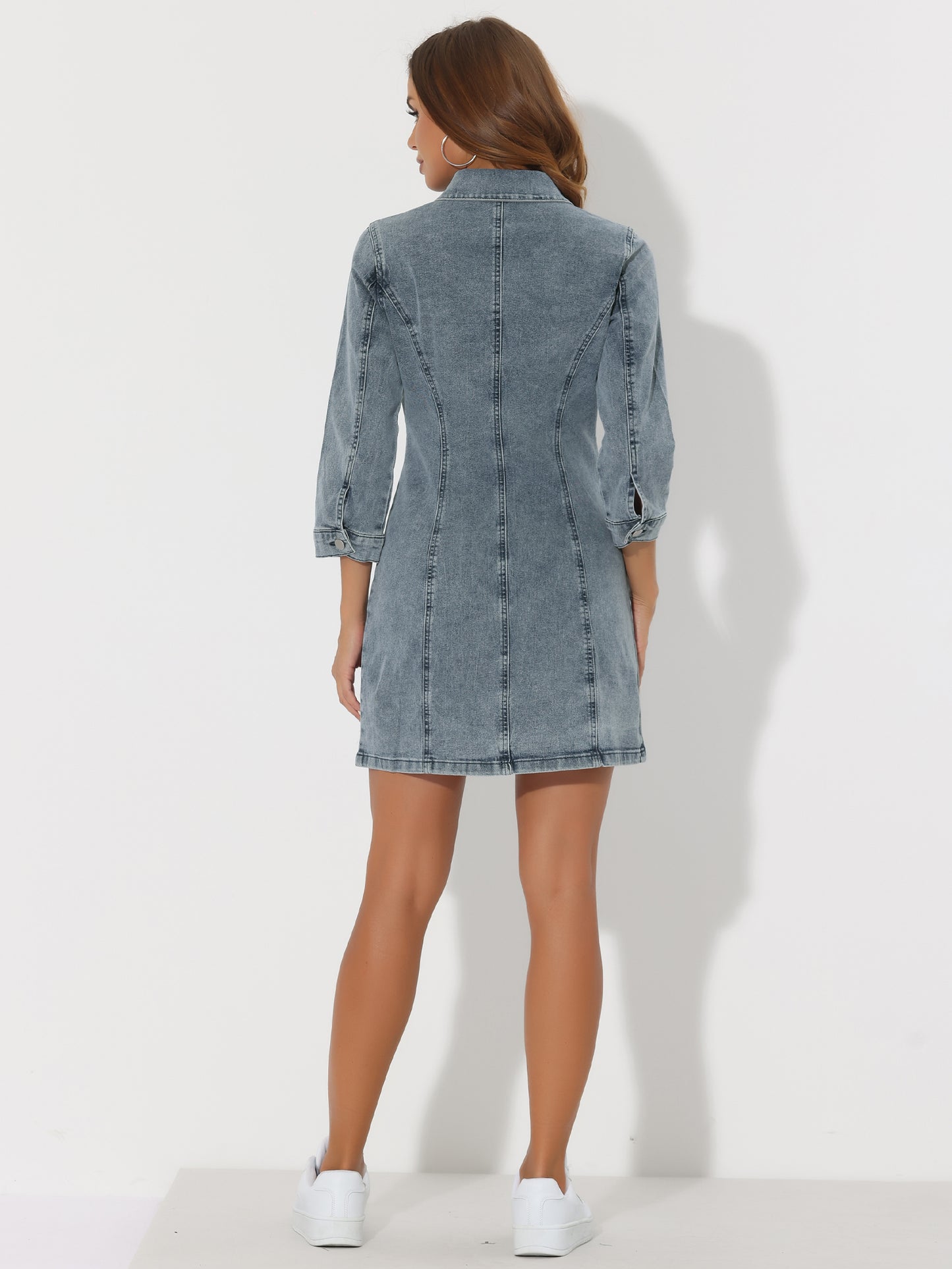 Women's 3/4 Sleeve Button Down Denim Shirt Dress