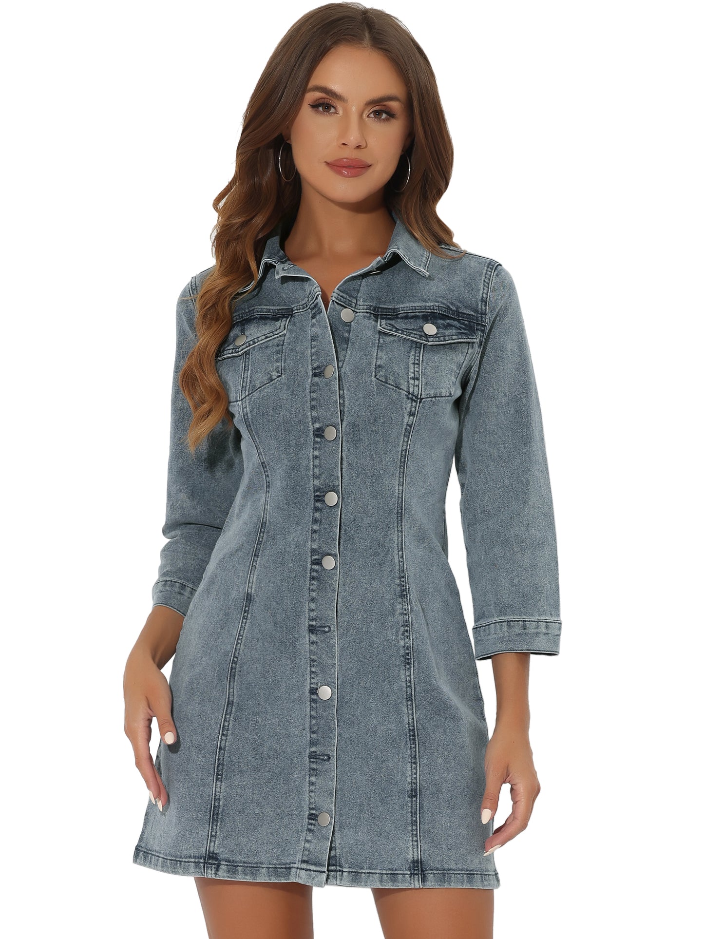 Women's 3/4 Sleeve Button Down Denim Shirt Dress