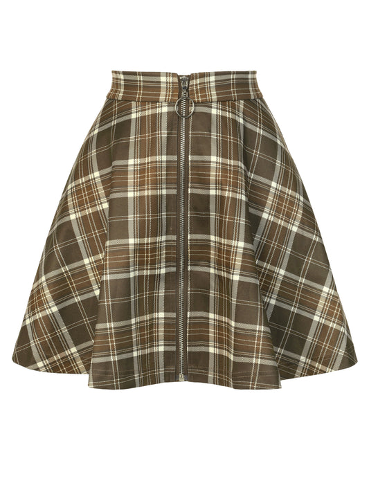 Women's Plaid High Waist Casual A-Line Flare Zip-Up Preppy Checks Flare Mini Skirts
