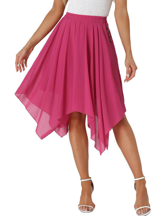 Women's Asymmetrical Hem Elastic Waist Chiffon Flowy Vintage Handkerchief Hemline Midi Skirt