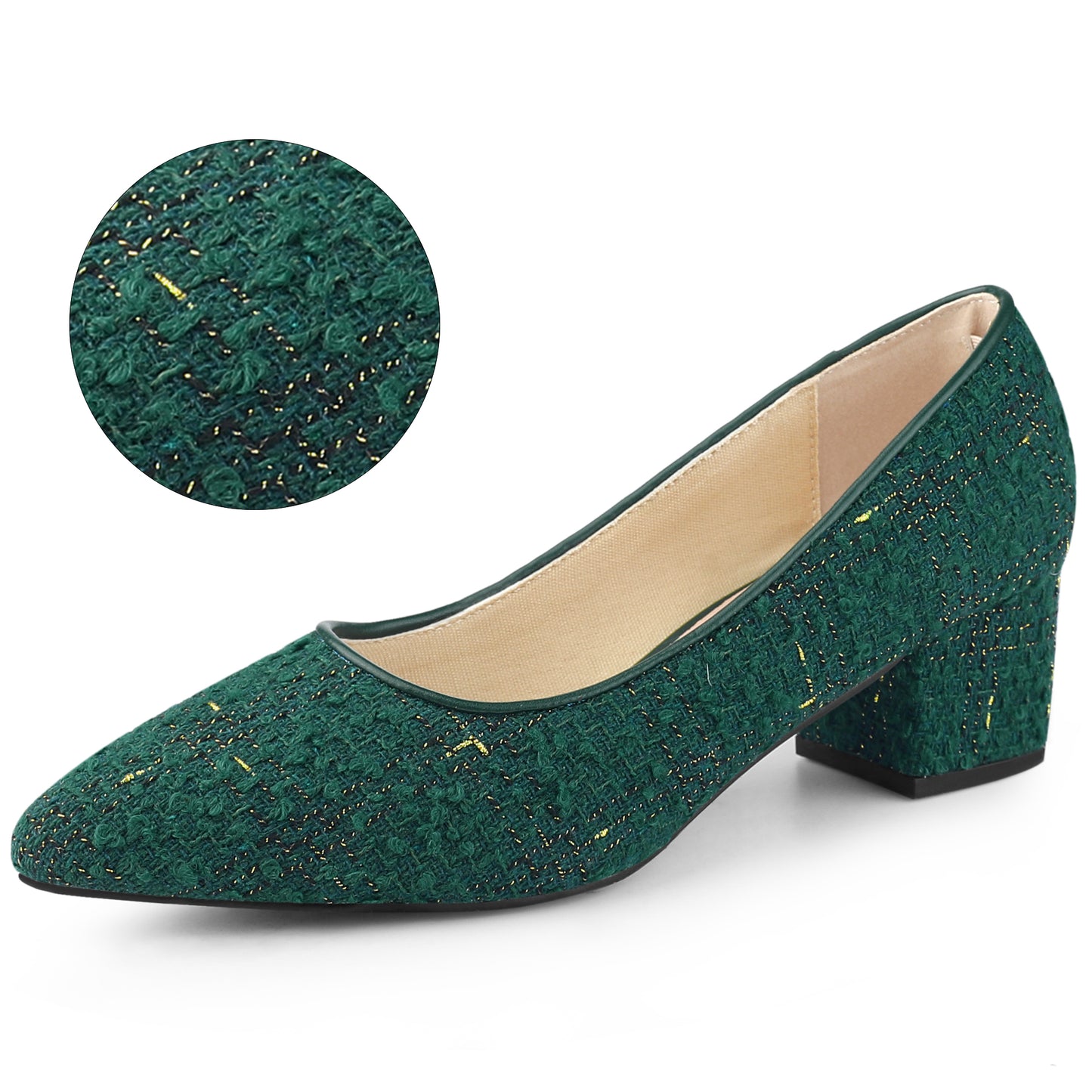 Zapatos de tacón grueso con estampado de cuadros de tweed y punta puntiaguda para mujer