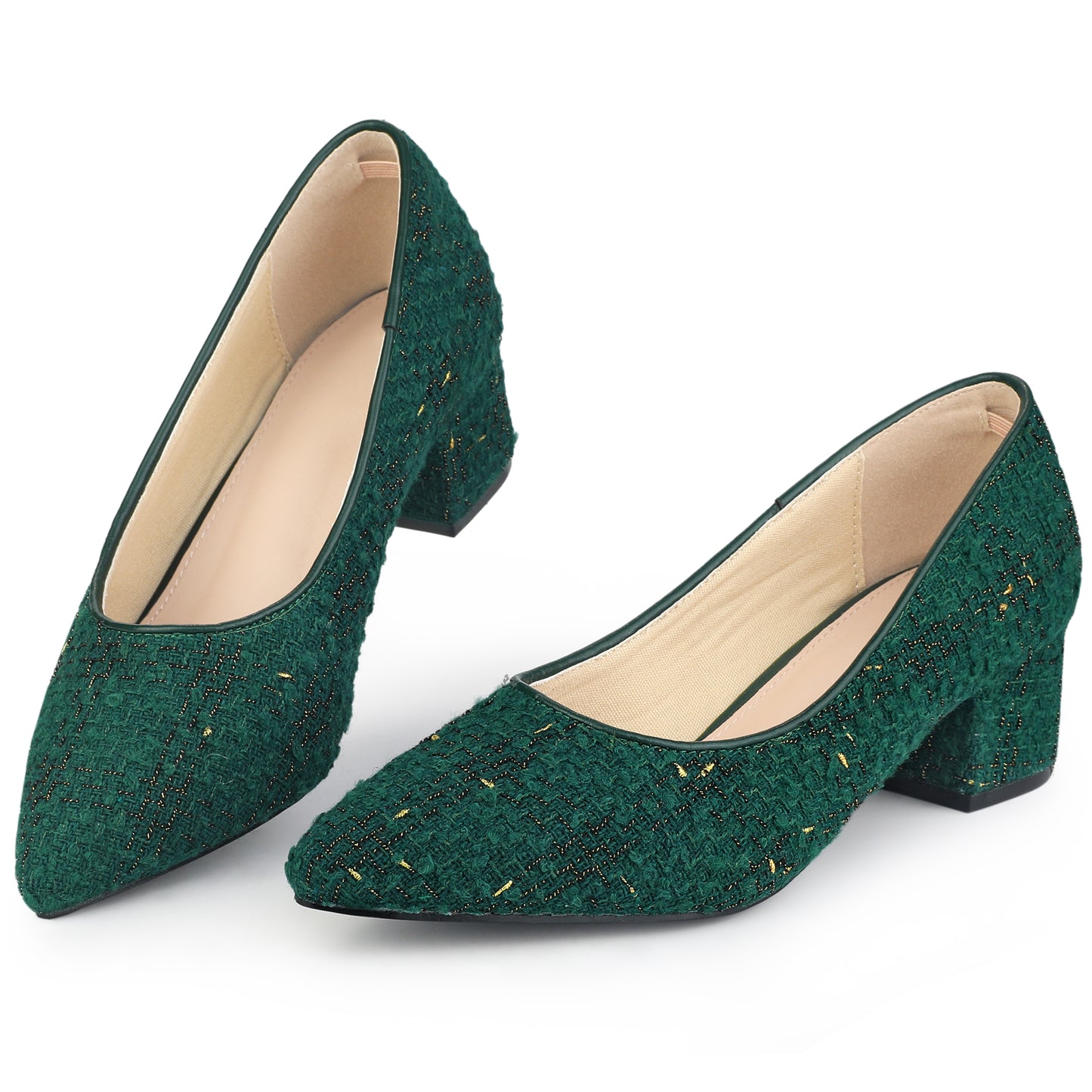Zapatos de tacón grueso con estampado de cuadros de tweed y punta puntiaguda para mujer