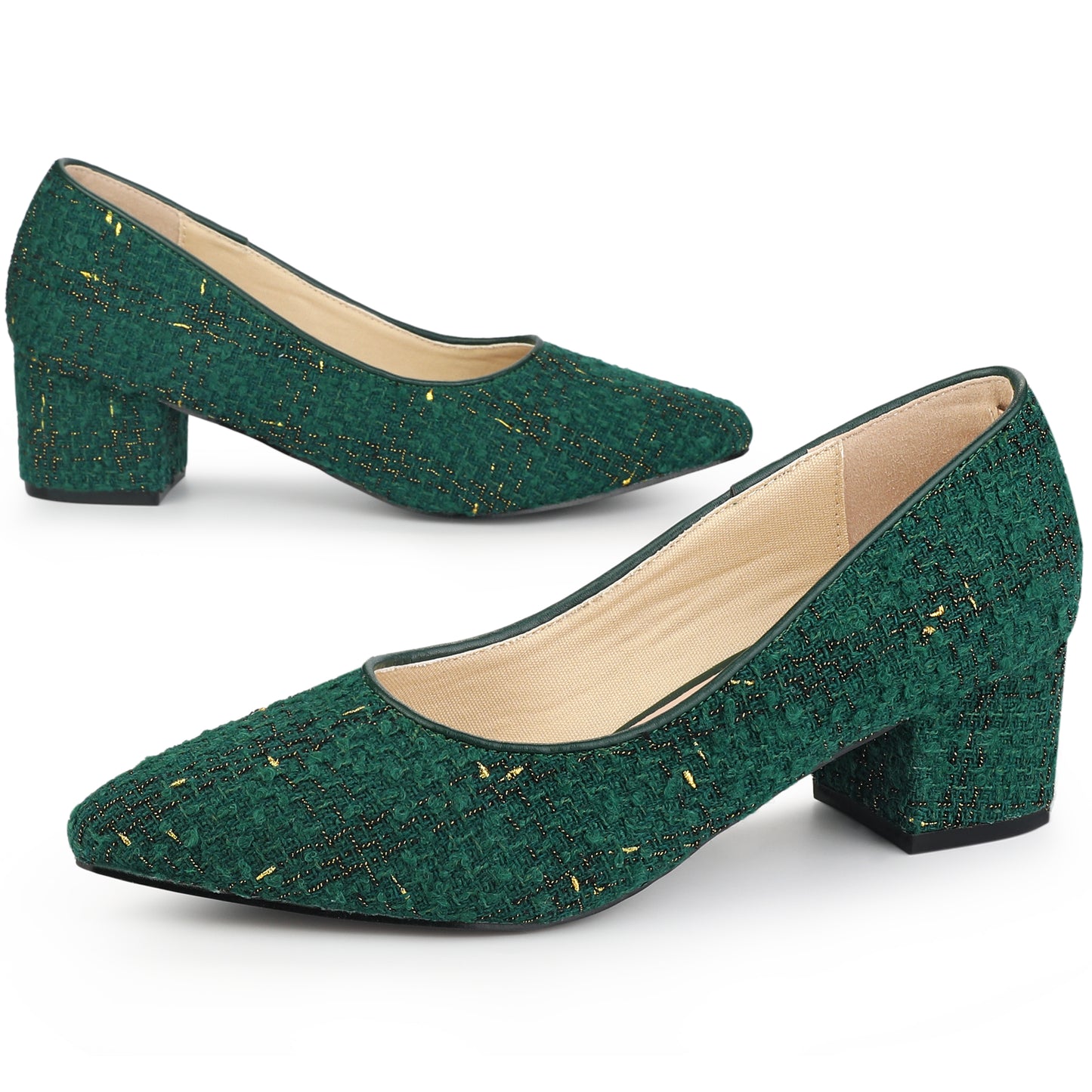 Zapatos de tacón grueso con estampado de cuadros de tweed y punta puntiaguda para mujer