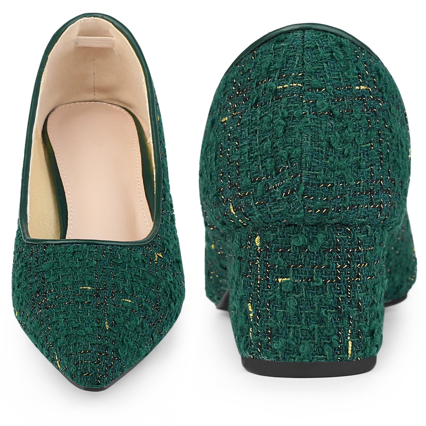 Zapatos de tacón grueso con estampado de cuadros de tweed y punta puntiaguda para mujer