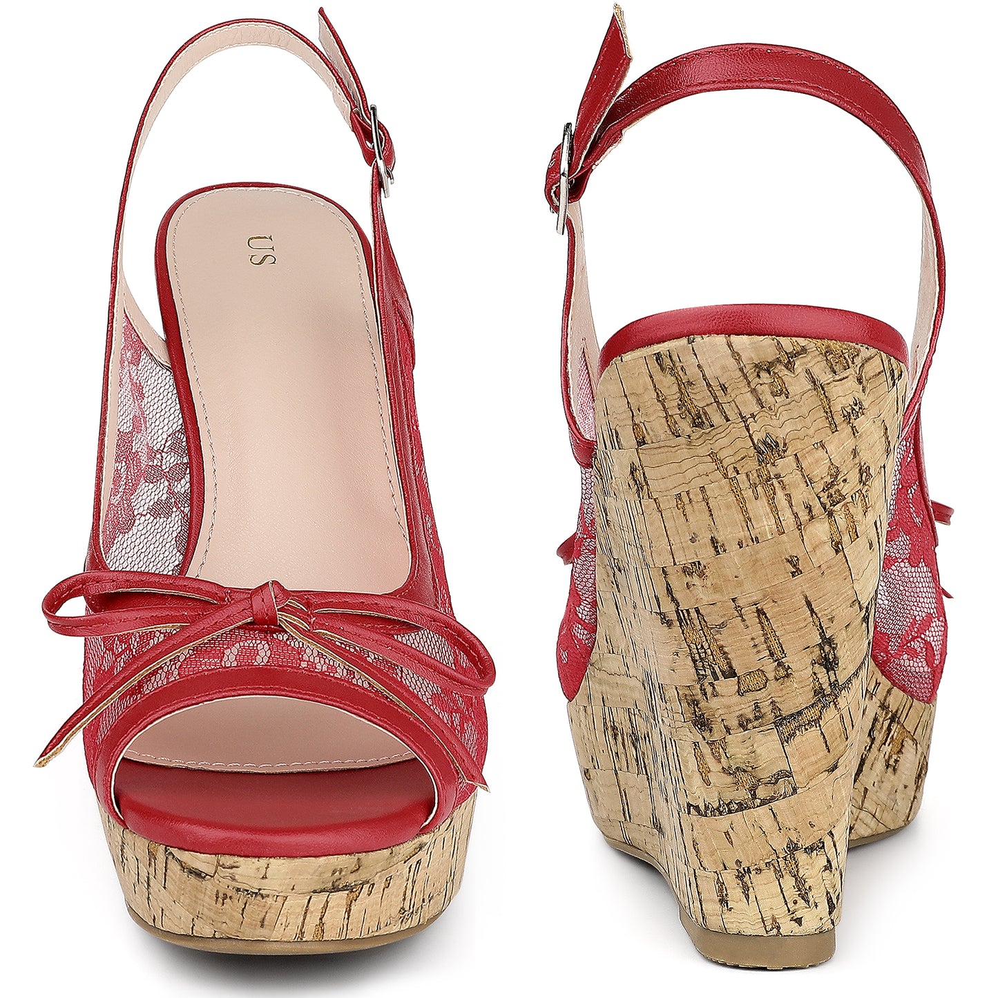 Sandalias de cuña con plataforma, lazo y encaje para mujer