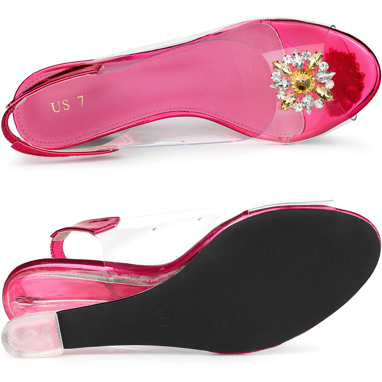 Sandalias de mujer con punta abierta, tacones de cuña transparentes y diamantes de imitación