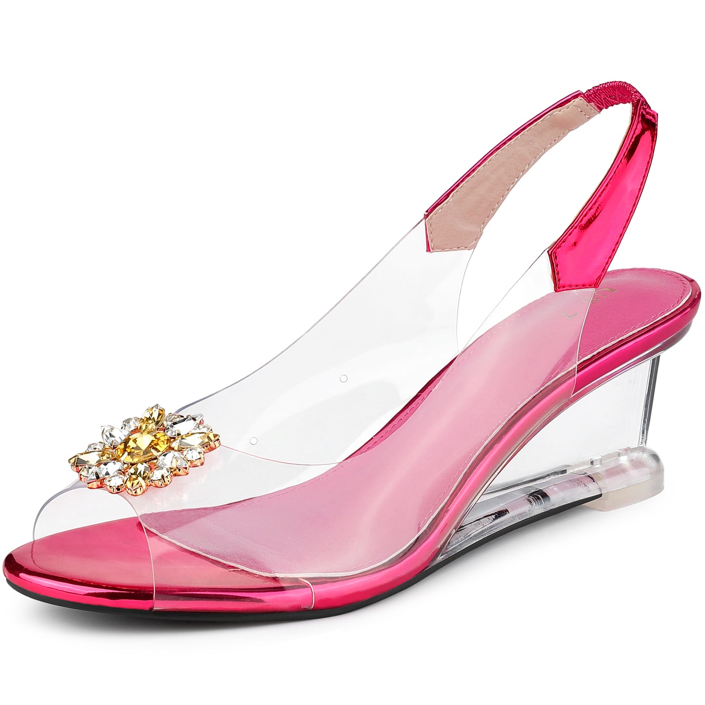 Sandalias de mujer con punta abierta, tacones de cuña transparentes y diamantes de imitación