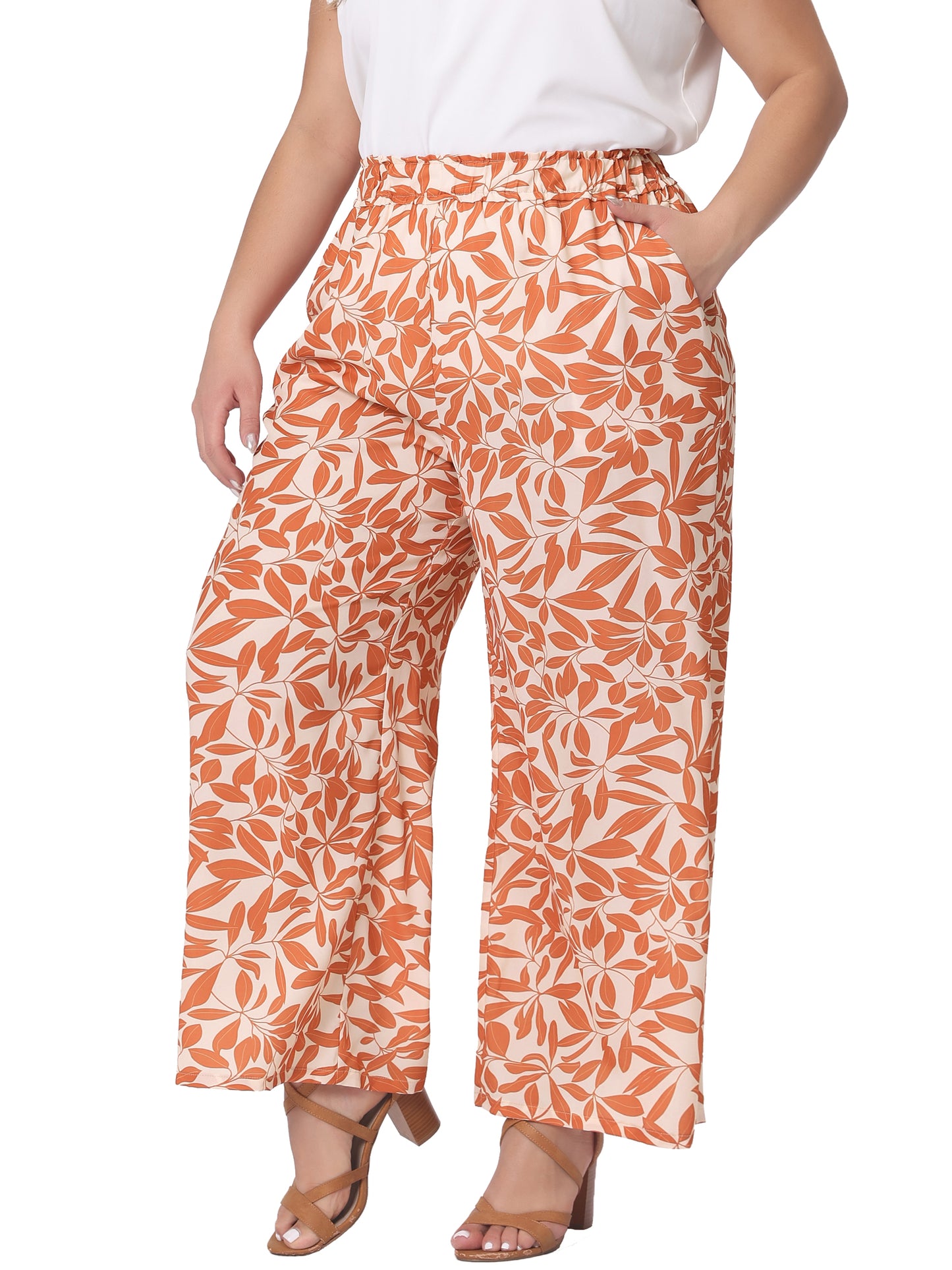 Women Plus Size Palazzo Pants Floral Print High Waist Trousers Wide Leg Pants with Pocket