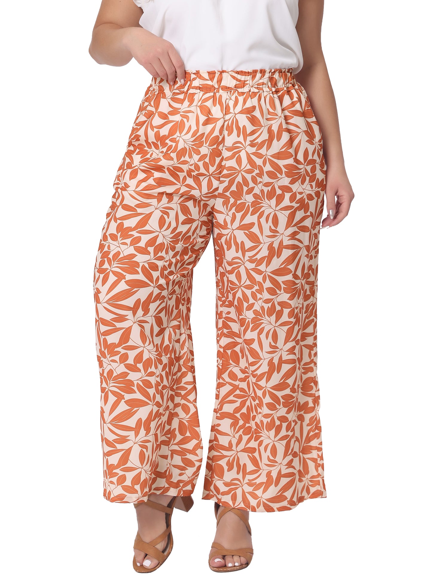 Women Plus Size Palazzo Pants Floral Print High Waist Trousers Wide Leg Pants with Pocket
