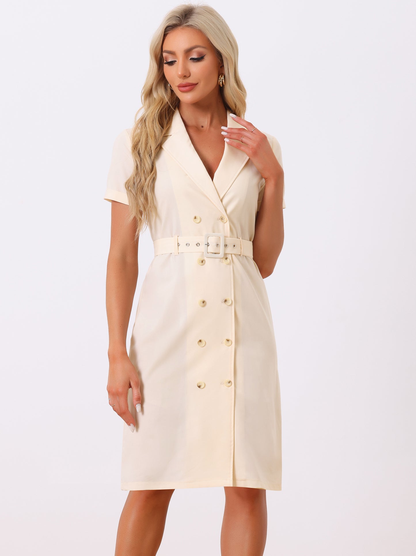 Women's Summer Short Sleeve Notched Lapel Slit Double Breasted Belted Work Office Blazer Dress
