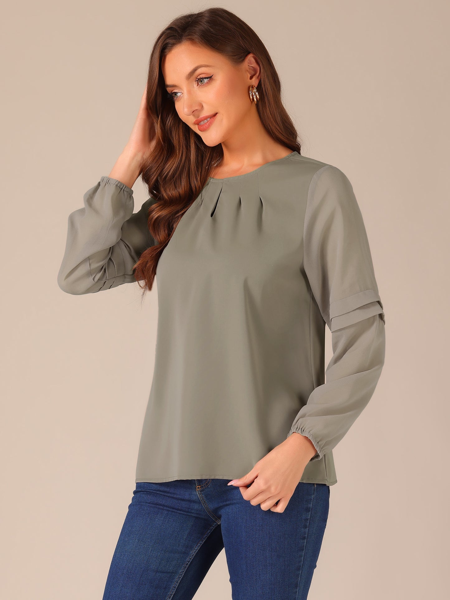 Women's Keyhole Neck Long Sleeve Business Casual Blouse Shirt