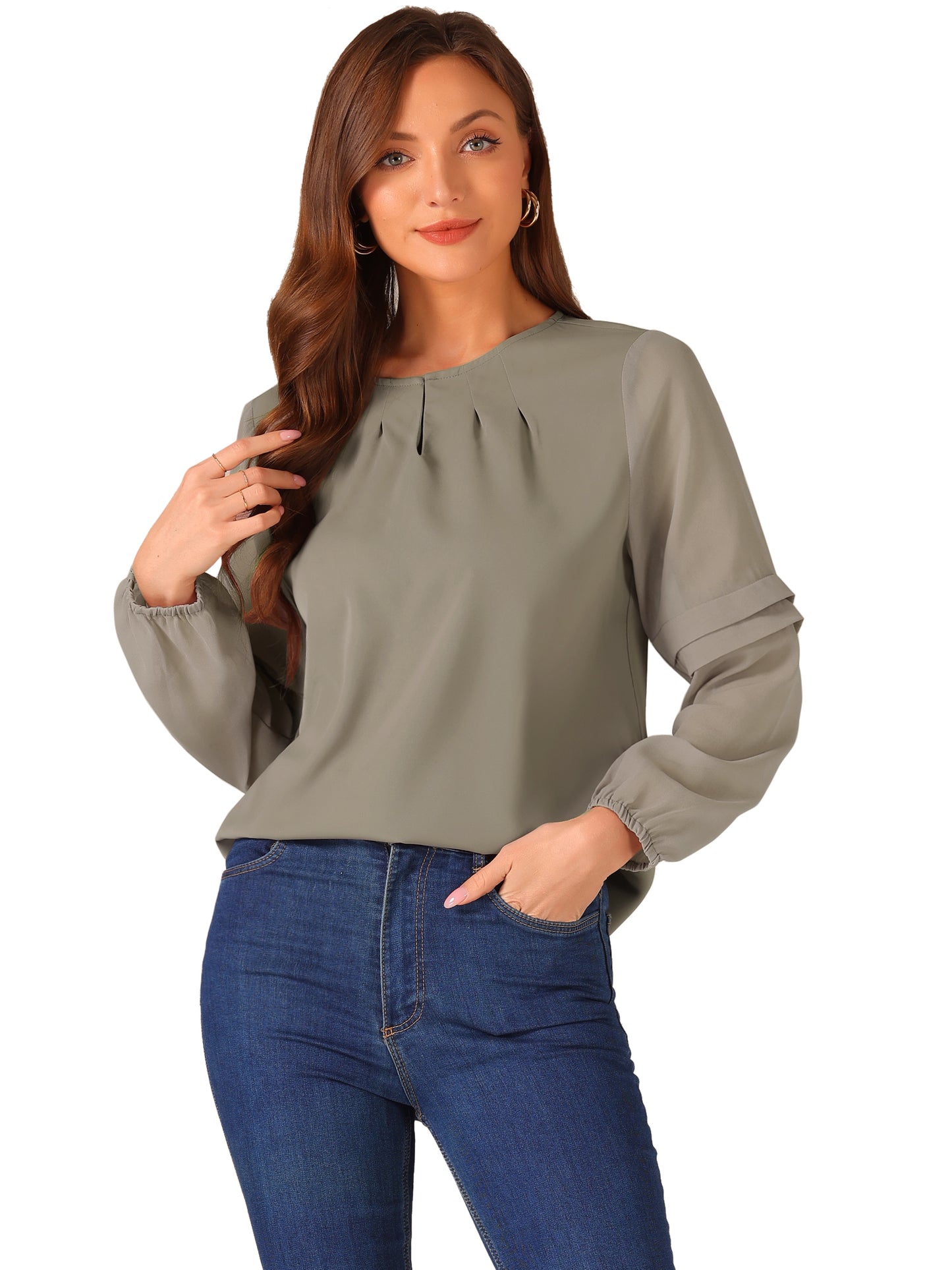 Women's Keyhole Neck Long Sleeve Business Casual Blouse Shirt