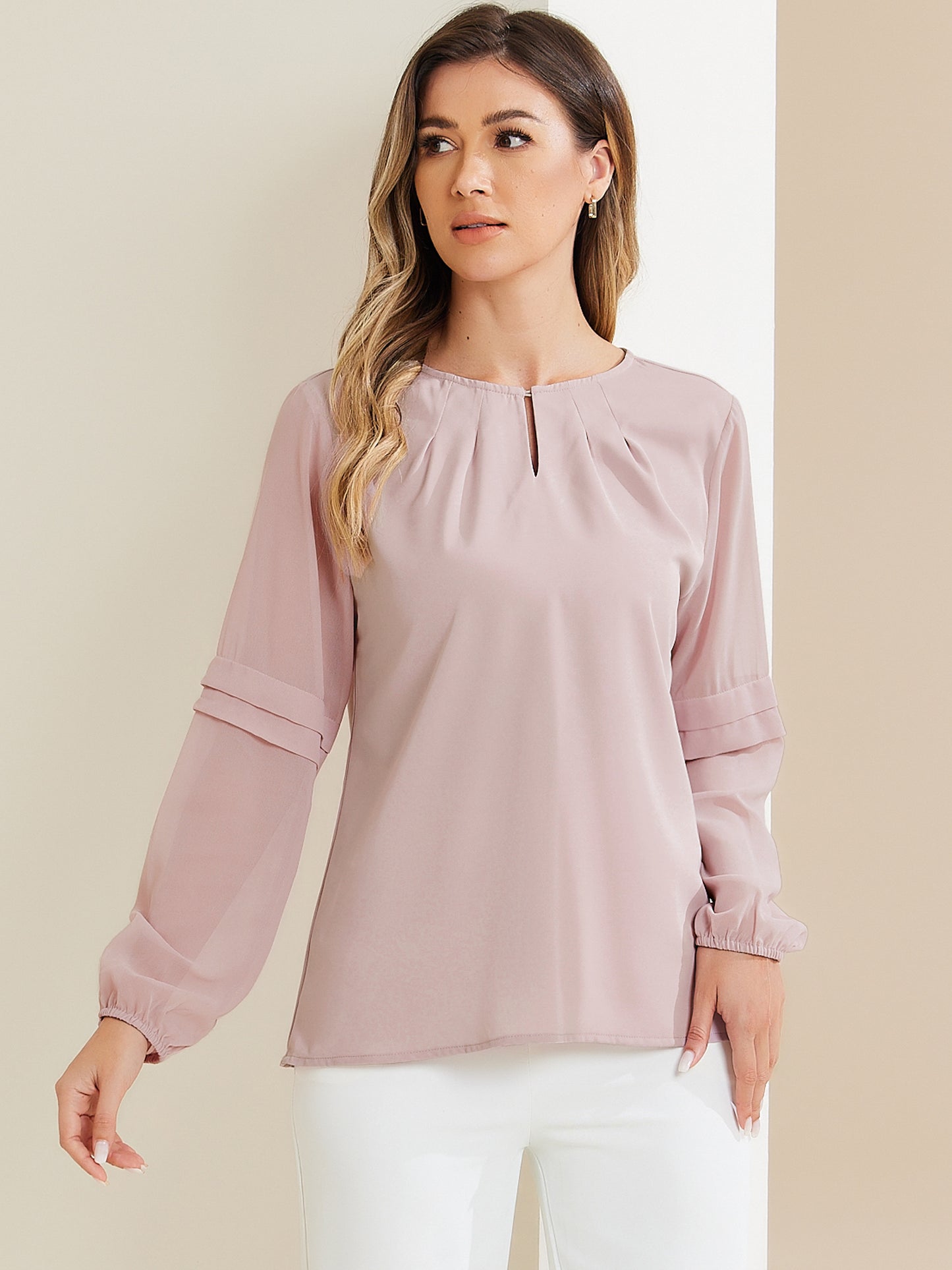 Women's Keyhole Neck Long Sleeve Business Casual Blouse Shirt
