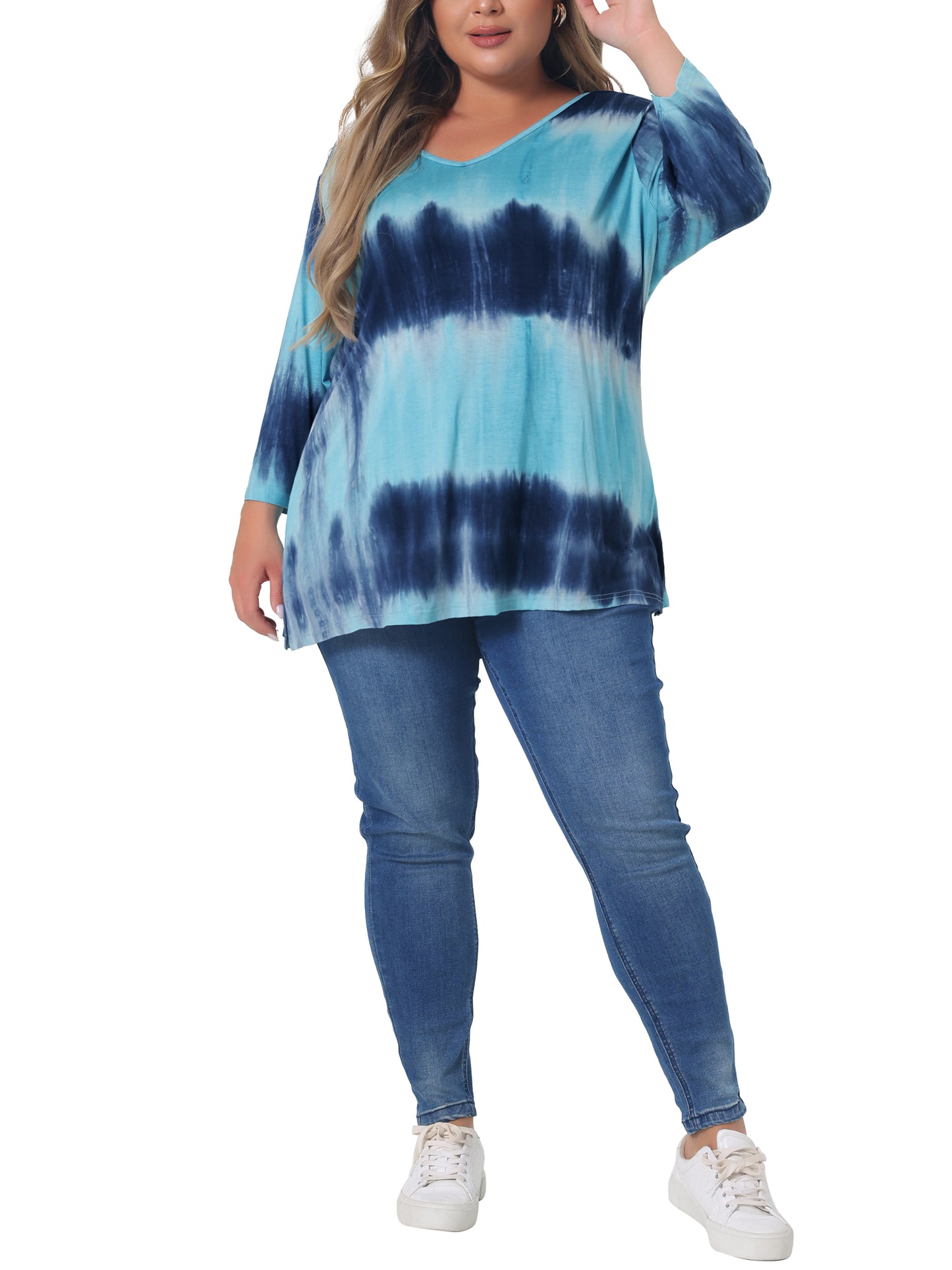 Women Plus Size T Shirt V Neck 3/4 Sleeve Loose Casual Blouse Striped Tie Dye Print
