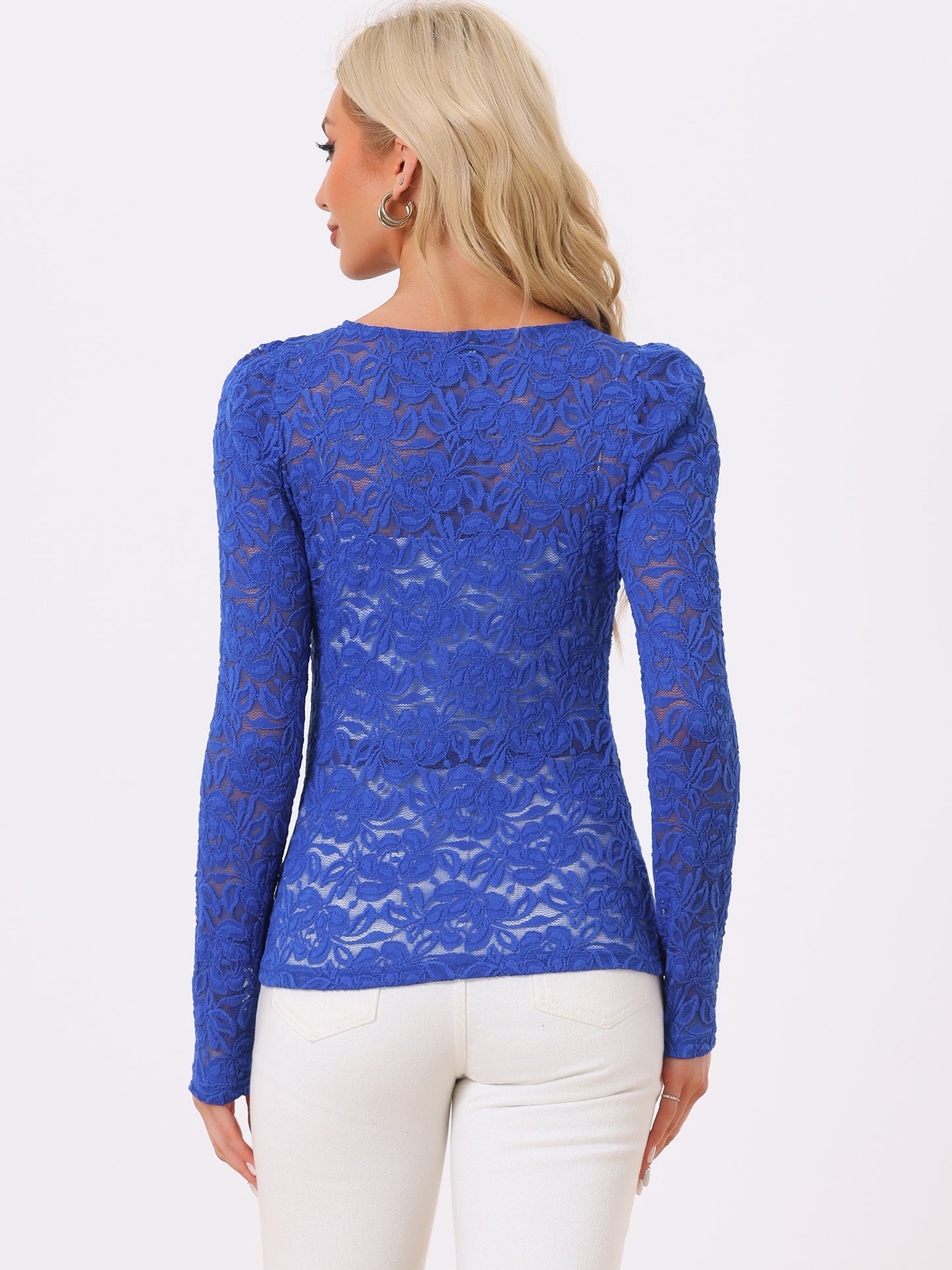 Women's Lace Embroidery Semi Sheer Vintage Puff Sleeve Top