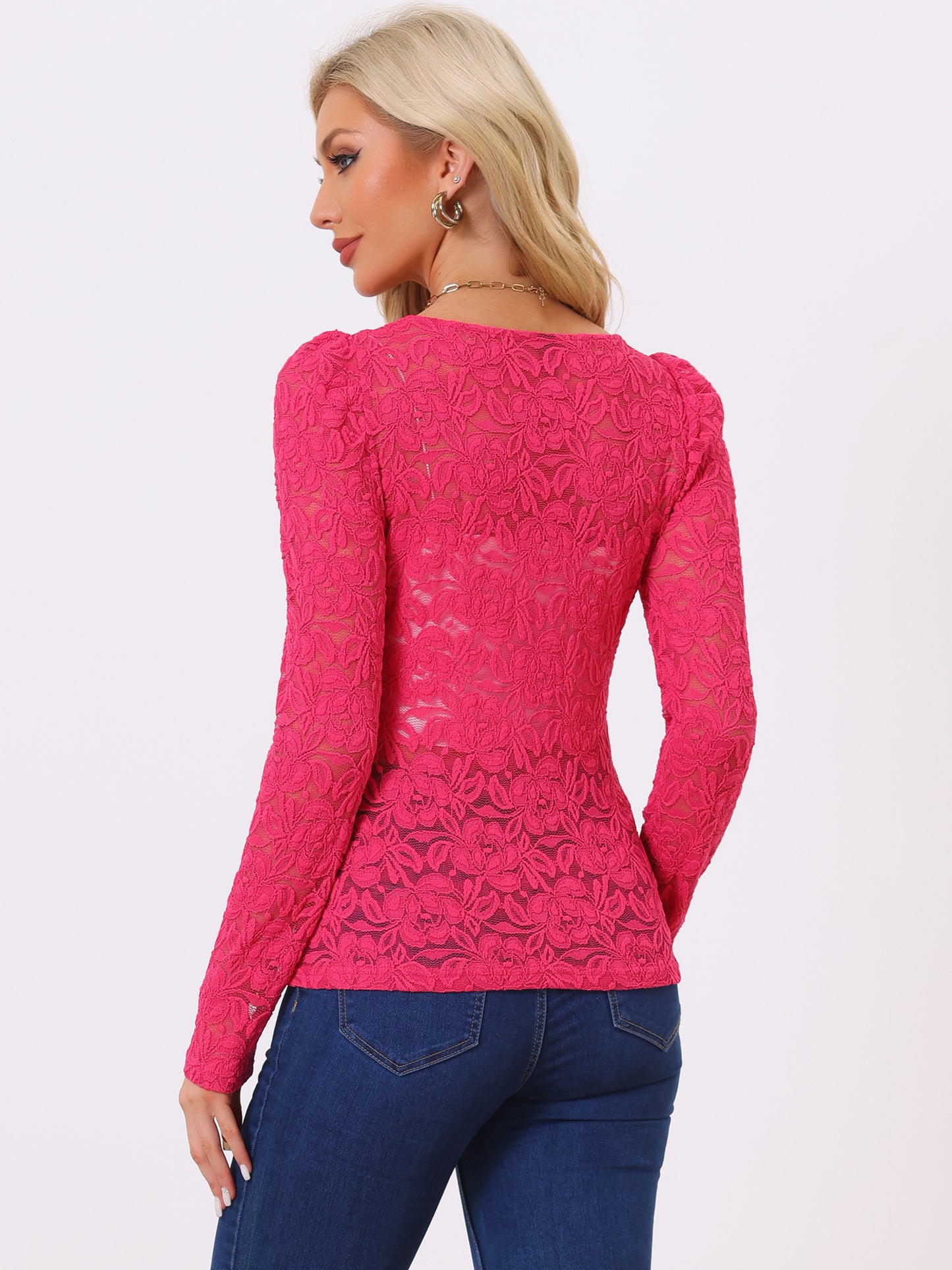 Women's Lace Embroidery Semi Sheer Vintage Puff Sleeve Top