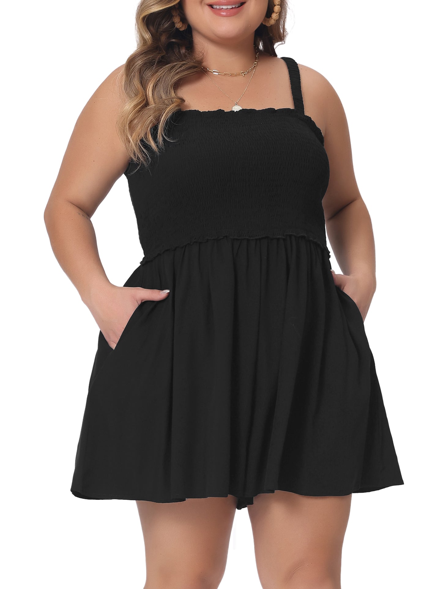 Women Plus Size Summer Sleeveless Rompers Square Collar Flowy Short Jumpsuit with Pockets