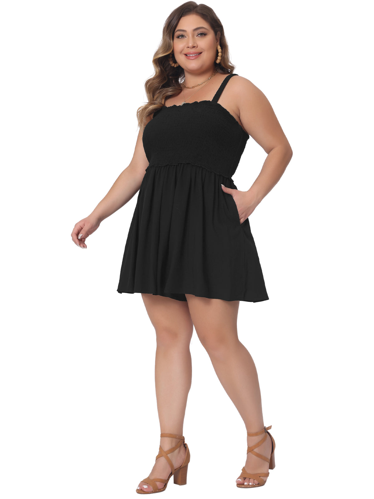Women Plus Size Summer Sleeveless Rompers Square Collar Flowy Short Jumpsuit with Pockets